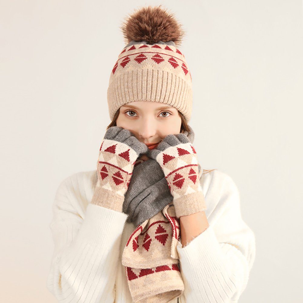 LYDMN Strickhandschuhe Winter Neue Schal und Hut Set Warm gestrickte Handschuhe Winter Dreiteilige Strickschal Rot Mütze und Handschuhe