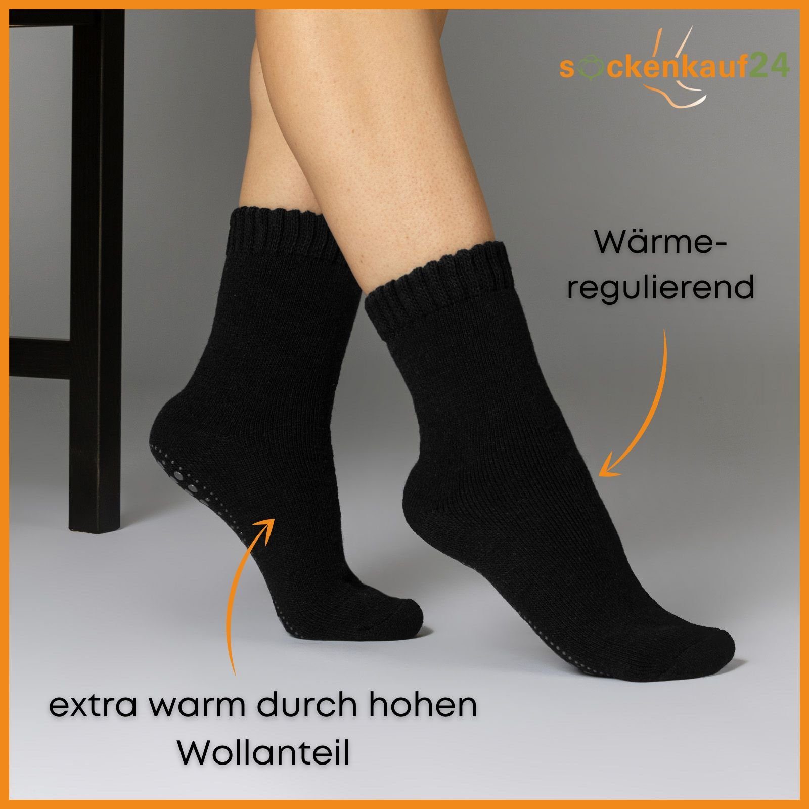sockenkauf24 ABS-Socken 2, ABS 21463 mit 43-46) Paar - Socken WP Socken Wolle 4 6 Rutsch Anti Damen 2-Paar, & (Schwarz, Herren oder