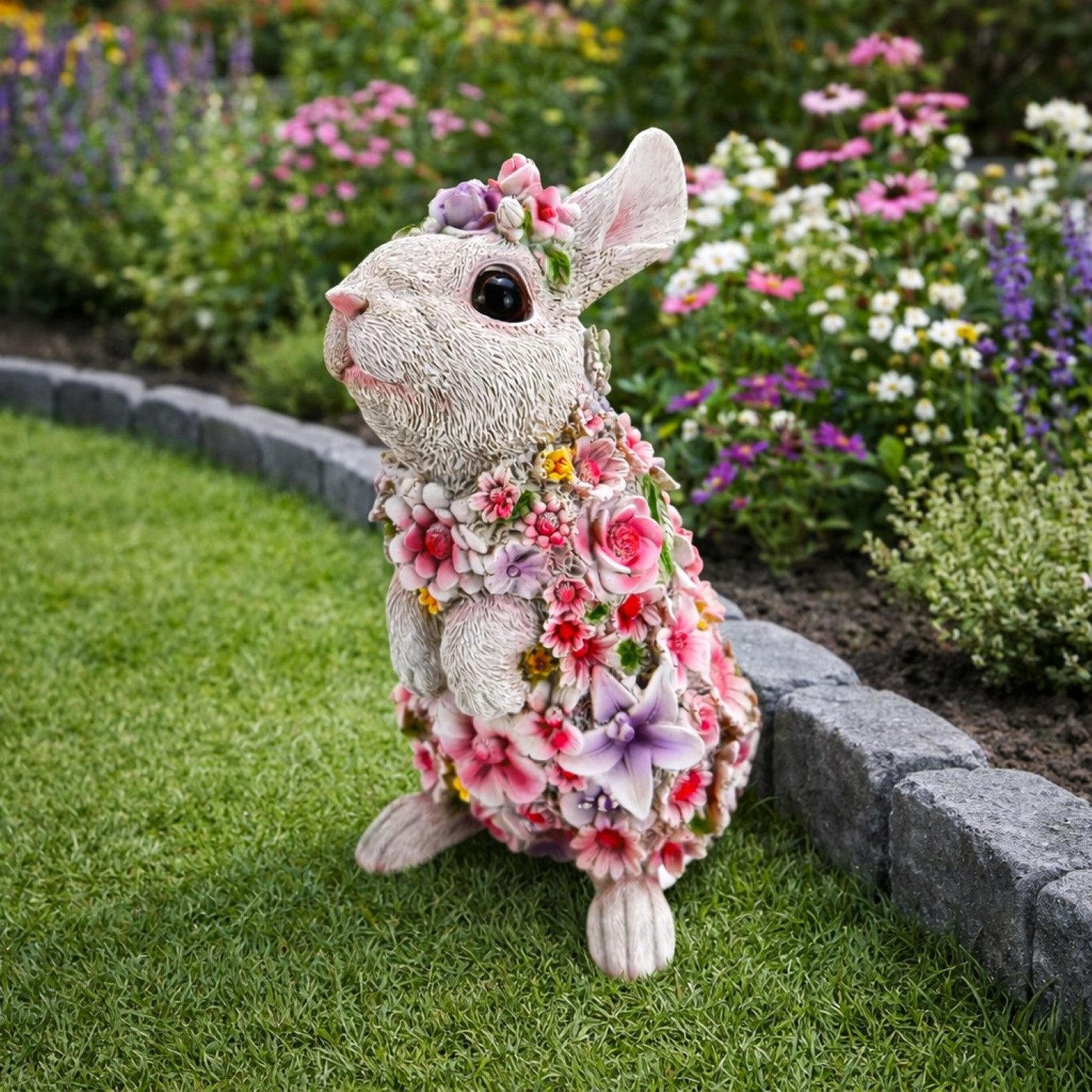 Online-Fuchs Gartenfigur süßer Blumenhase für außen - Deko Figuren Frühling, Sommer, (19 oder 25 cm hoch), aus langlebigem Kunstharz gefertigt, wetterfest - 19 bis 25 cm groß
