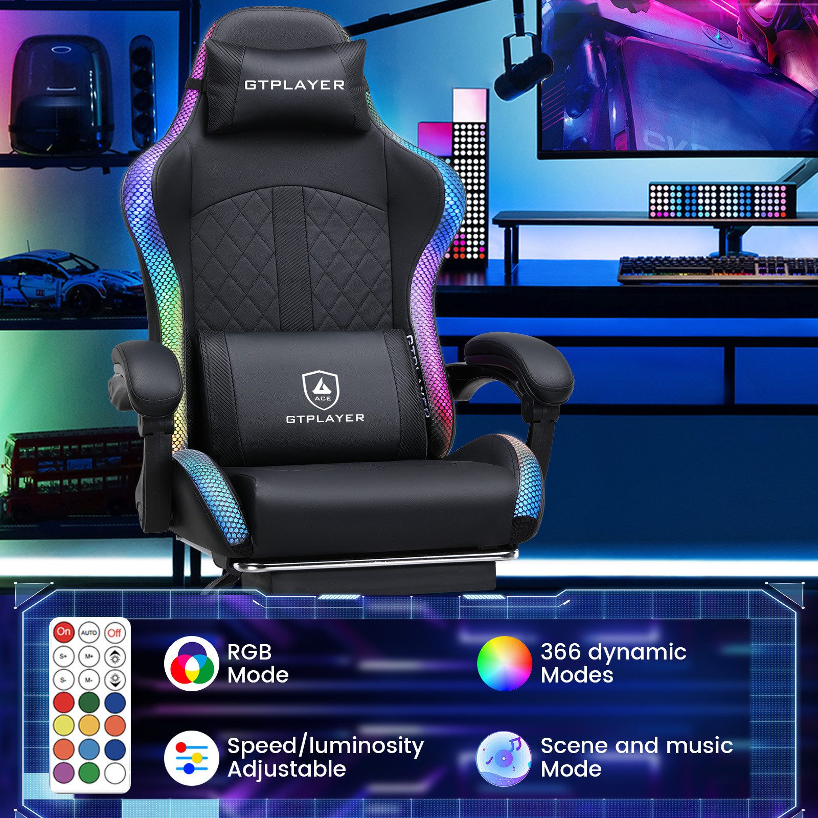 GTPLAYER Gaming-Stuhl Gaming Chair mit Lautsprecher und LED, Bürostuhl, Gamer Stuhl, Fernbedienung und APP-Steuerung, 150KG – Bild 2 von 5