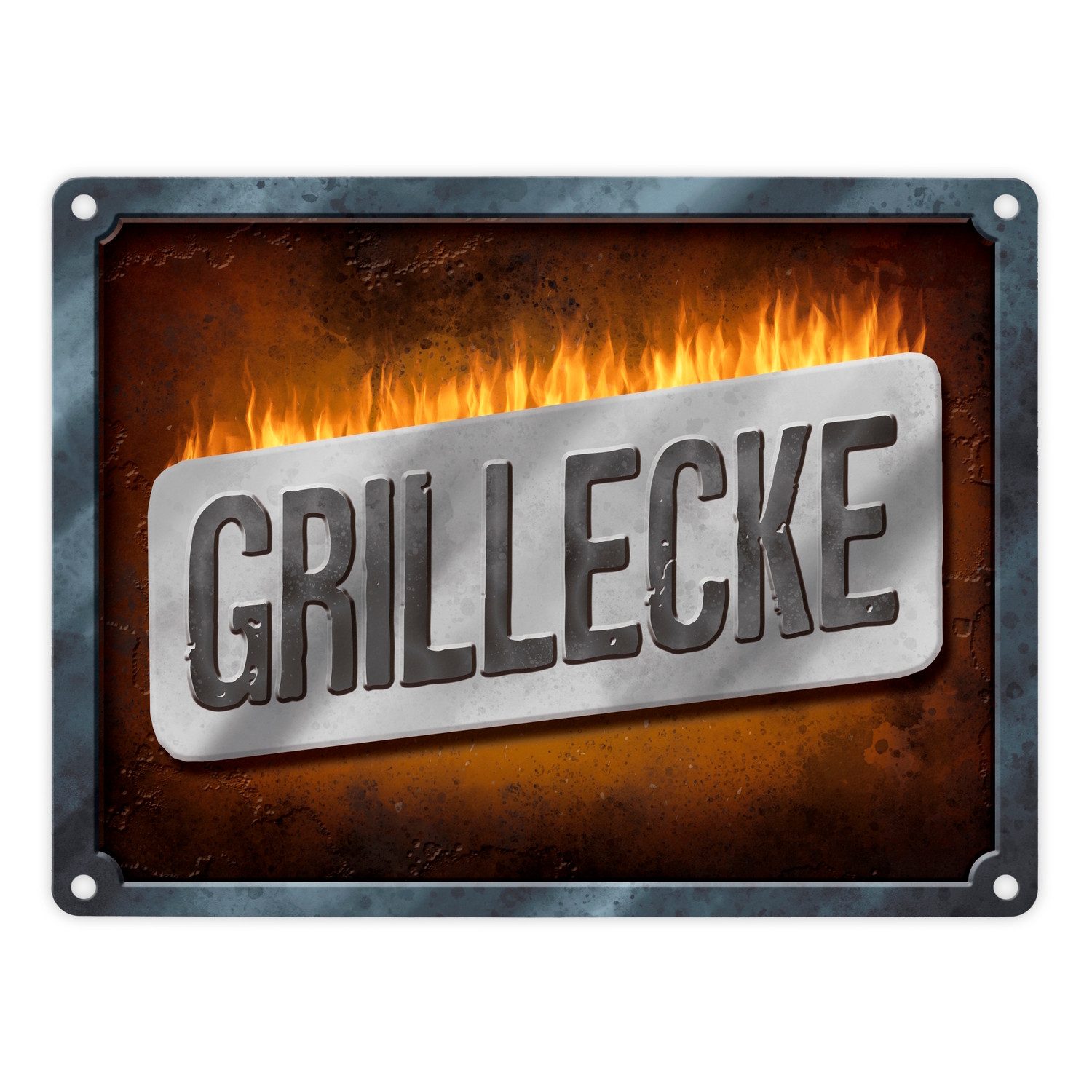 Metallschild Grillecke Metallschild Feuer Grill grillen Fleisch Bier Feier Freunde