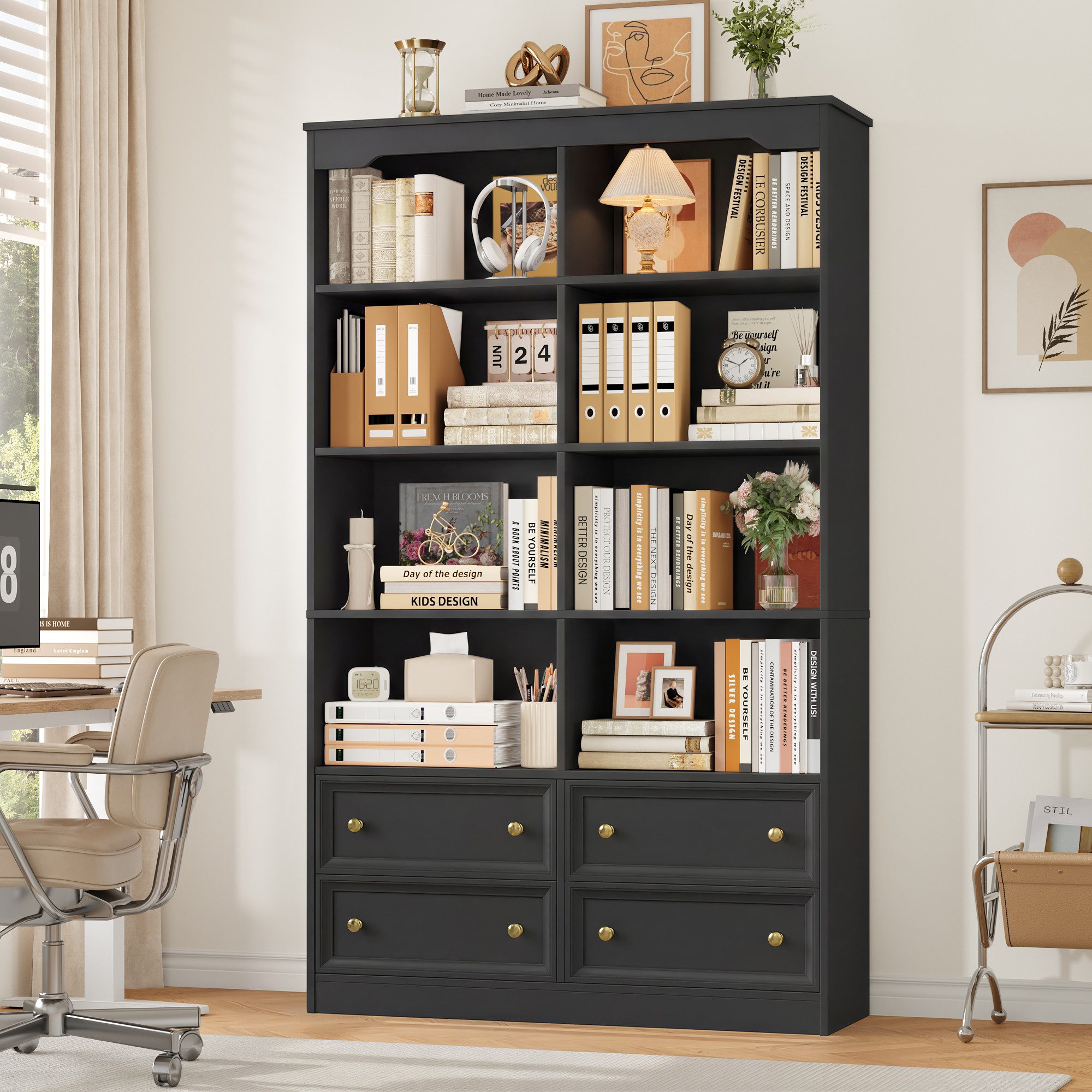 Homfa Bücherregal 180 cm Bücherschrank Hochschrank Mehrzweckschrank Standregal, mit 4 Schubladen und 8 Fächer groß holz 180x30x100cm, schwarz