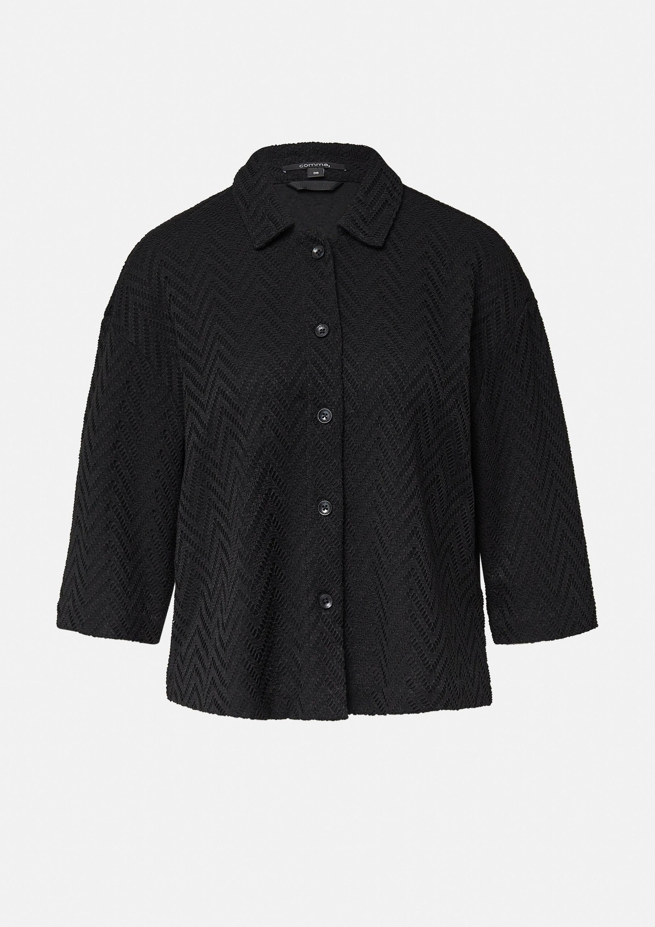 comma Kurzarmbluse T-Shirt Cropped Overshirt mit Ajourmuster und Knopfleiste
