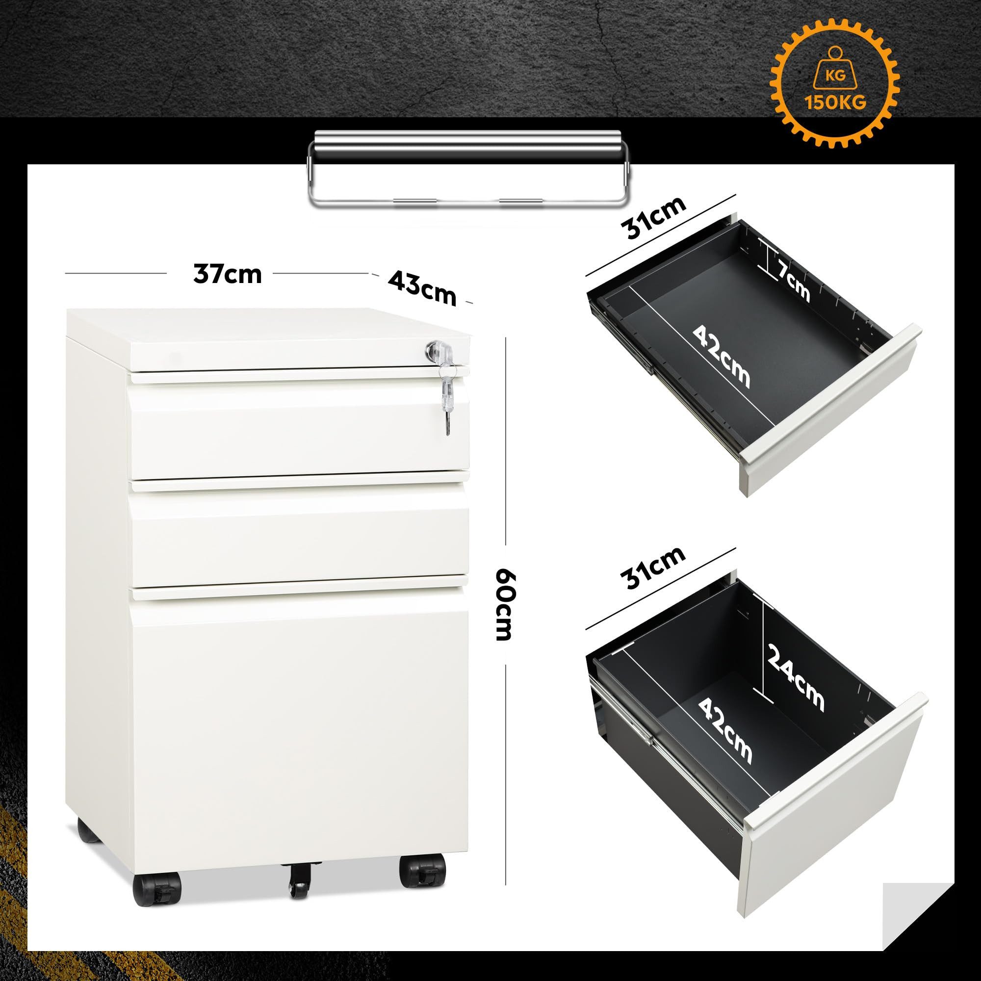 DEVAISE Rollcontainer Metall Mobiler Aktenschrank mit Rollen, (43 x 37 x 60 cm, Druckertisch für DIN A4/Legal/Letter), Schreibtisch Unterschrank für Büro und Home Office, Weiß/ Schwarz