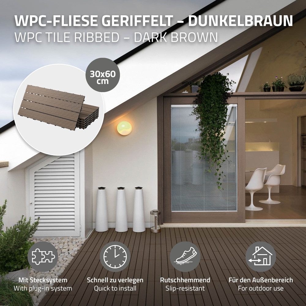 ECD Germany Terrassendielen WPC Bodenplatte Terrassenfliesen Fliesen mit Drainage und Klicksystem, BxL: je 30x60 cm, 22 mm Stärke, Bodenbelag 1m²/6 Stück Dunkelbraun rutschfest Balkonfliesen