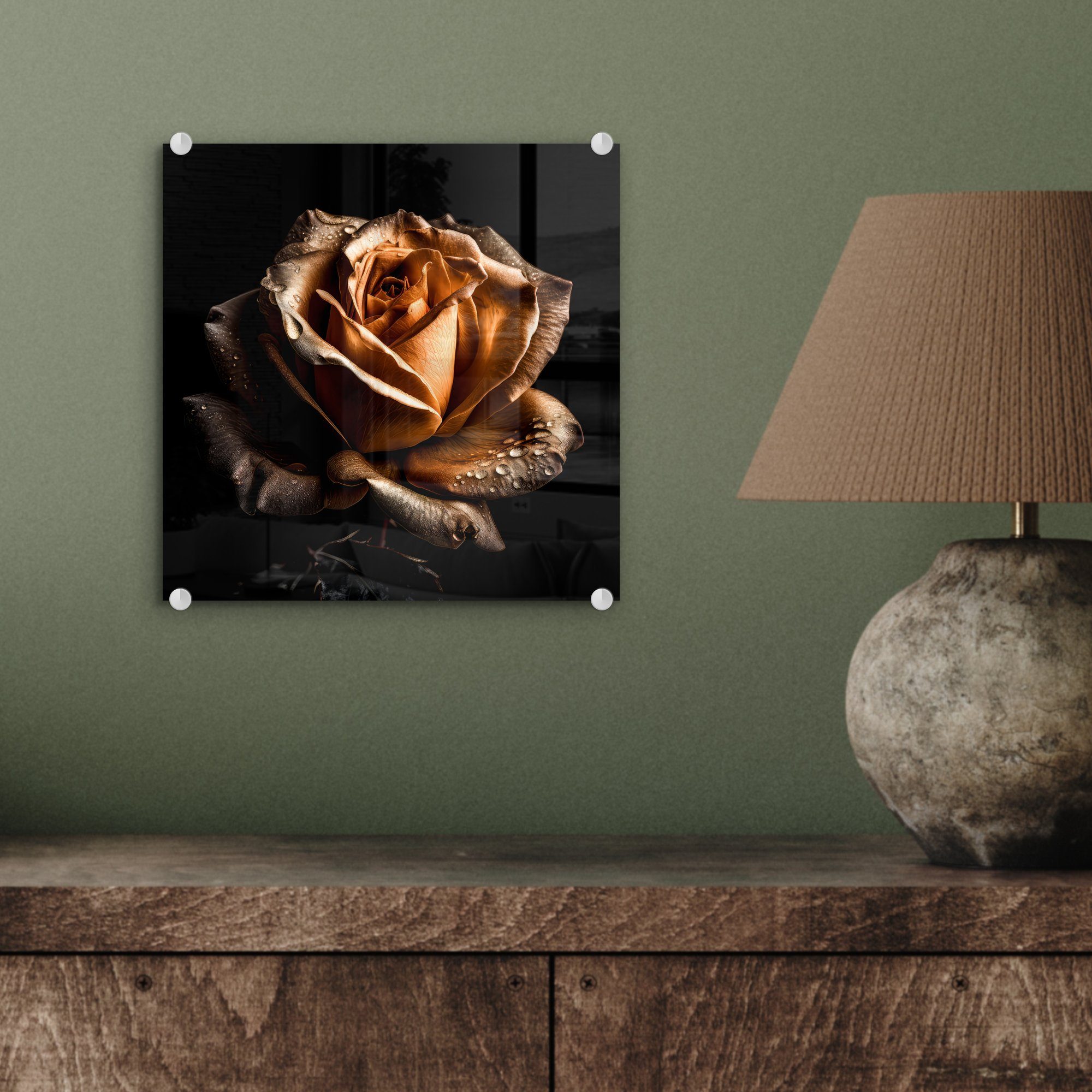 Bilder - MuchoWow Blumen - - Foto Acrylglasbild Wandbild Wanddekoration - Botanisch Rose Glasbilder auf Schwarz, - Glas - auf Glas Gold St), (1