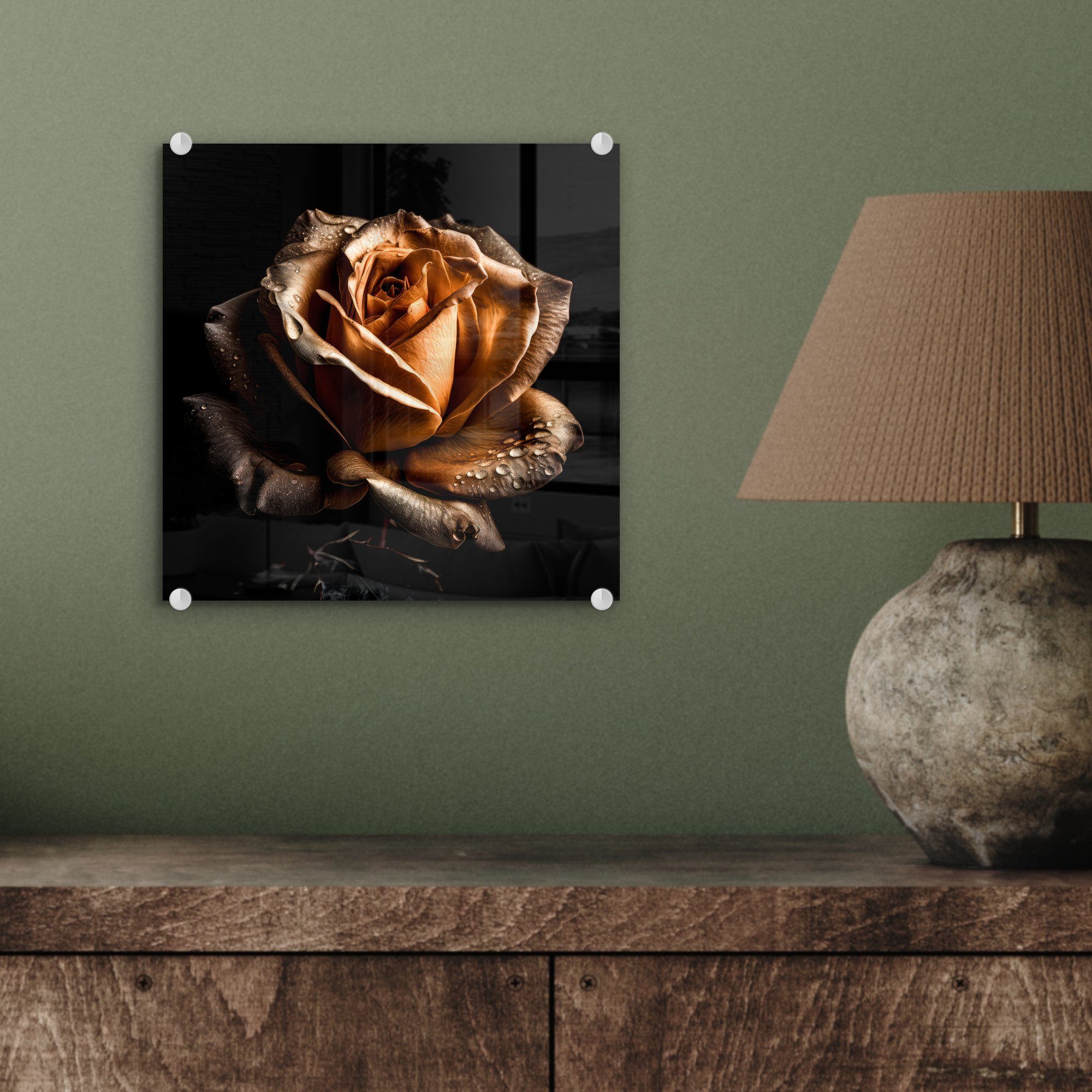 - Blumen Bilder Glasbilder MuchoWow Schwarz, - Wanddekoration Foto Gold Rose Glas - St), - Botanisch (1 auf Wandbild Glas Acrylglasbild - - auf