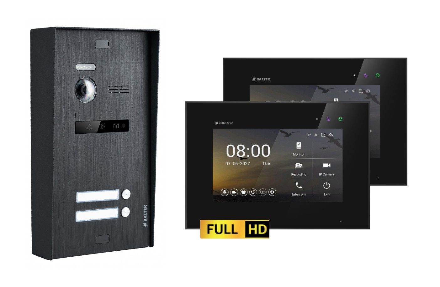 Balter Video-Türsprechanlage BALTER EVO-HD Aufputz Türsprechanlage 2-Draht 2-Familienhaus Schwarz (Set, 2-Familienhaus, Komplettset, Full HD 175° Kamera, Touchscreen-Monitor)