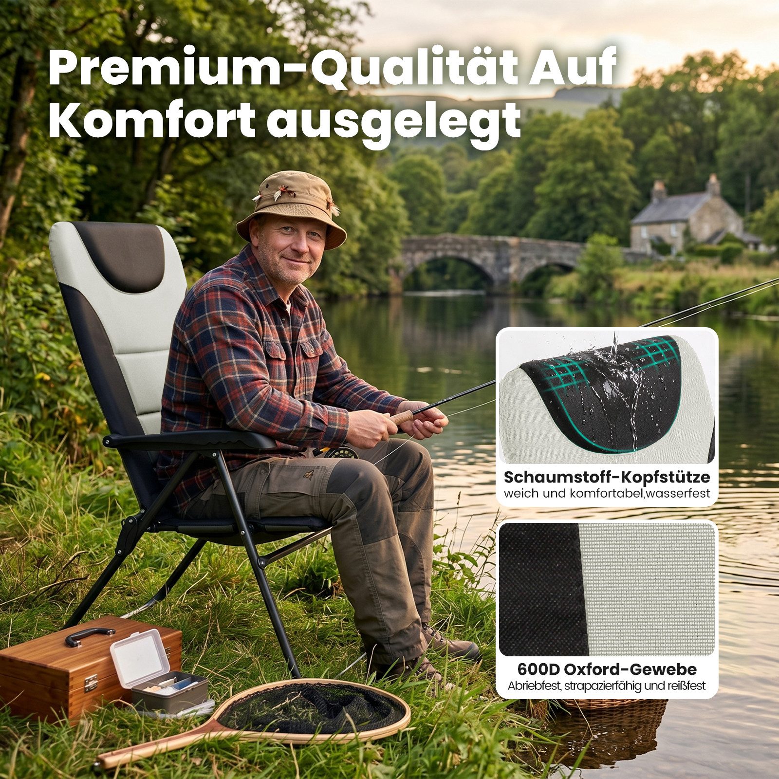 HOMECALL Campingstuhl Gartenstuhl Gepolsterter Klappstuhl für Wohnwagen Outdoors-150kg (2 St), Hochlehner Anglerstuhl mit 5-fach verstellbarer Rückenlehne – Bild 4 von 5