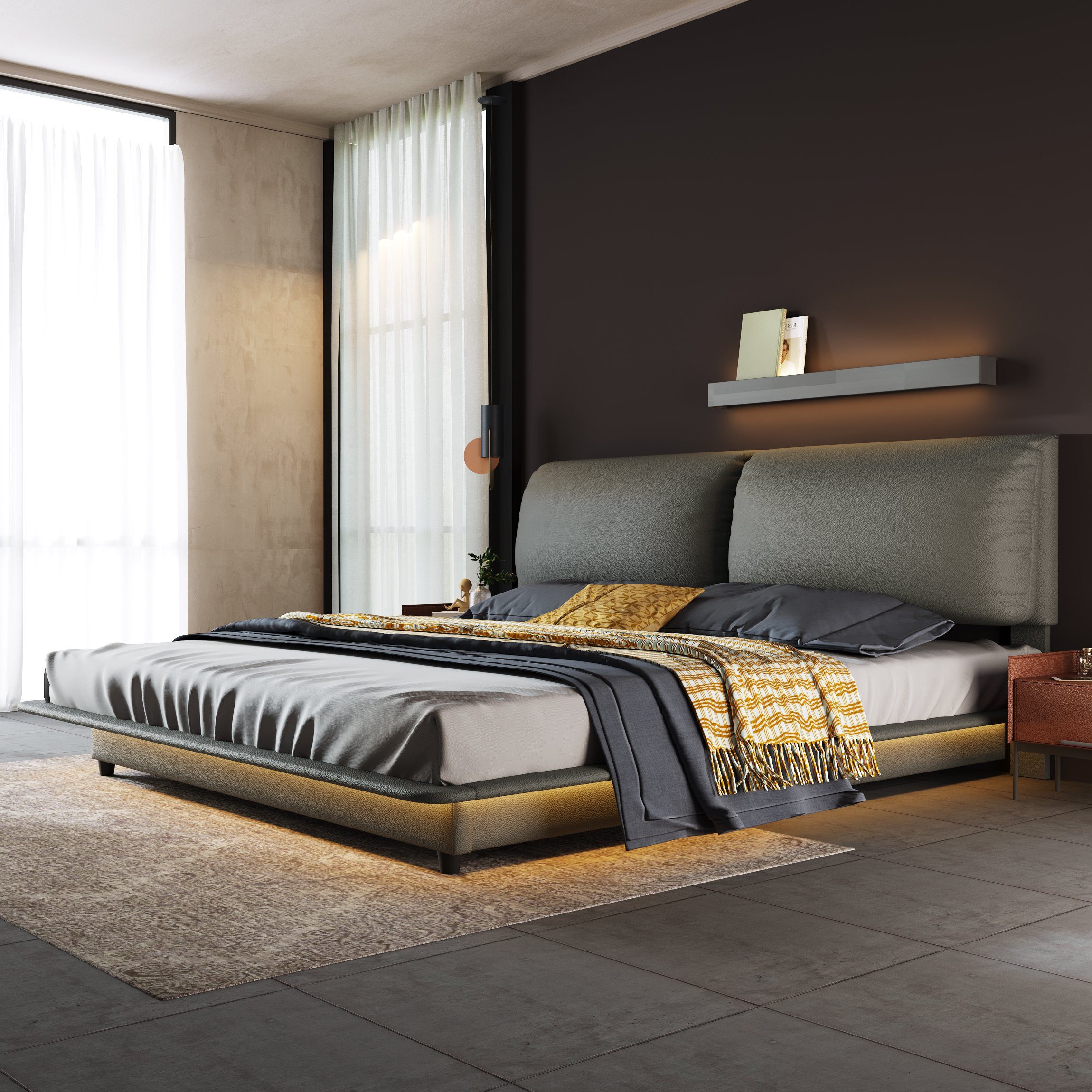 WISHDOR Polsterbett Polsterbett Doppelbett Holzbett Bett mit Lattenrost  ohne Matratze (140 x 200 cm ohne Matratze), mit abnehmbarer Kopfstütze und  Lattenrost, inkl. LED-Beleuchtung, verstellbares Kopfteil, für  Schlafzimmer, Bezug aus Kunstleder