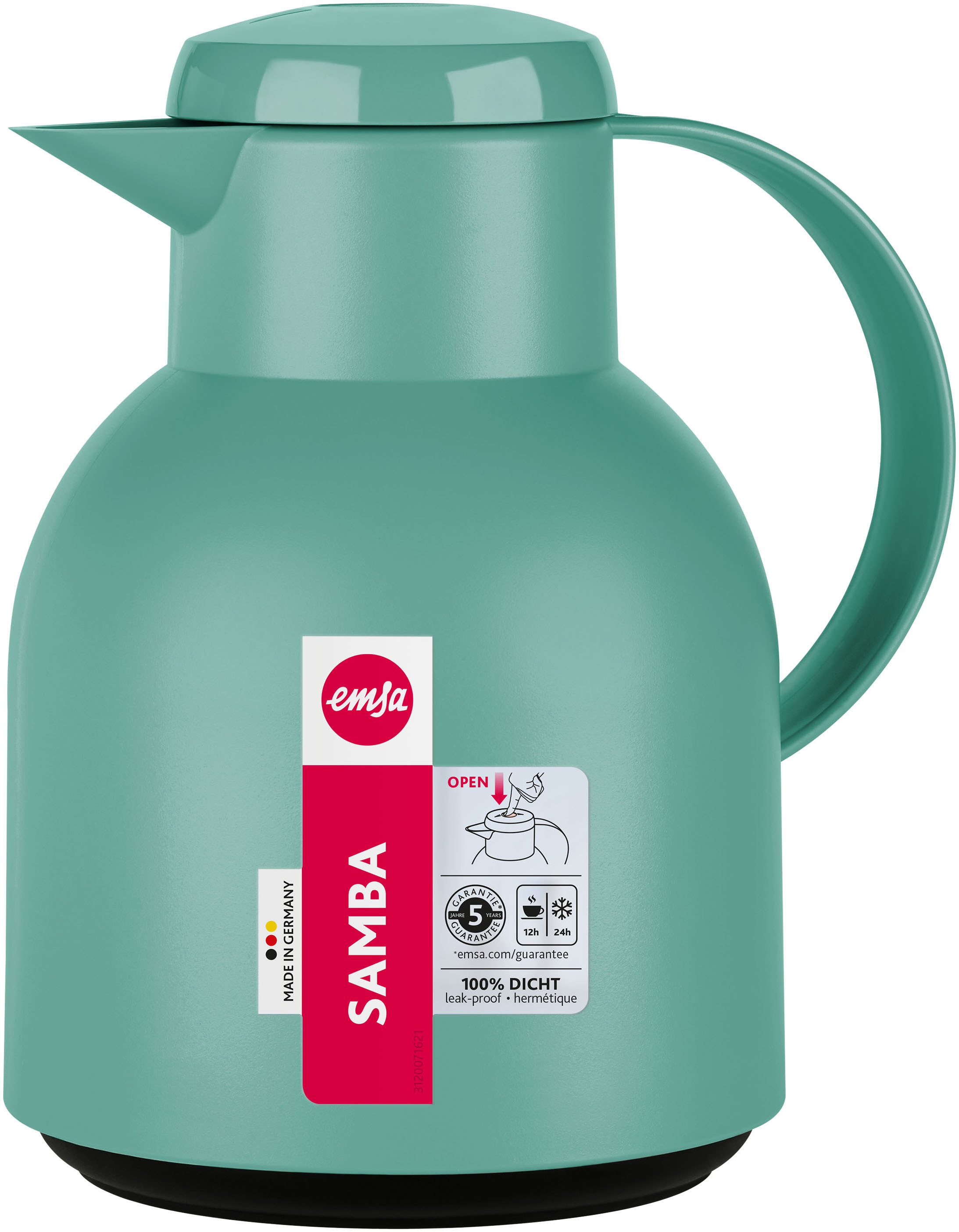 Emsa Isolierkanne Samba, 1 l, zeitloses Design, einfacher Knopfdruck, 24h kalt, 12h warm