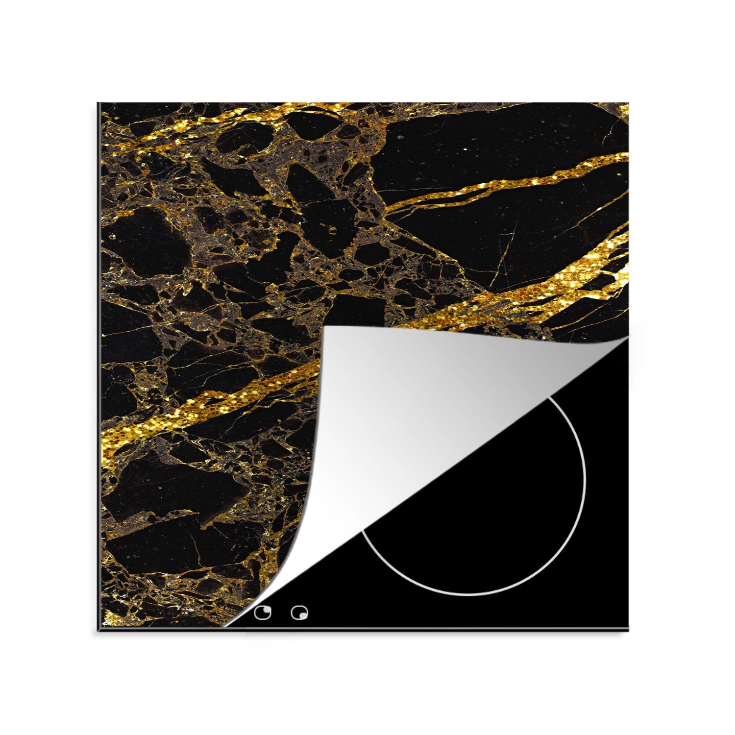 MuchoWow Herdblende-/Abdeckplatte Marmor - Gold - Schwarz - Glitter, Vinyl, (1 tlg), 78x78 cm, Ceranfeldabdeckung, Arbeitsplatte für küche