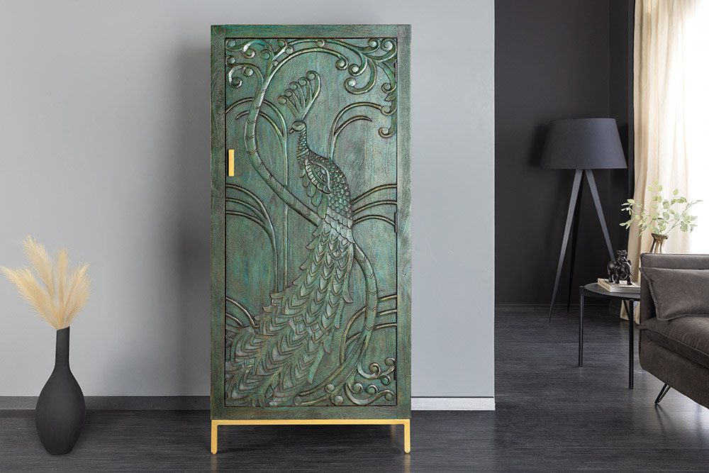 riess-ambiente Highboard PEACOCK 170cm grün / gold · Wohnzimmer-Schrank aus Mango-Massivholz (Einzelartikel, 1 St), 3D Schnitzerei · Pfau-Design · handmade · 1  – Bild 3 von 5