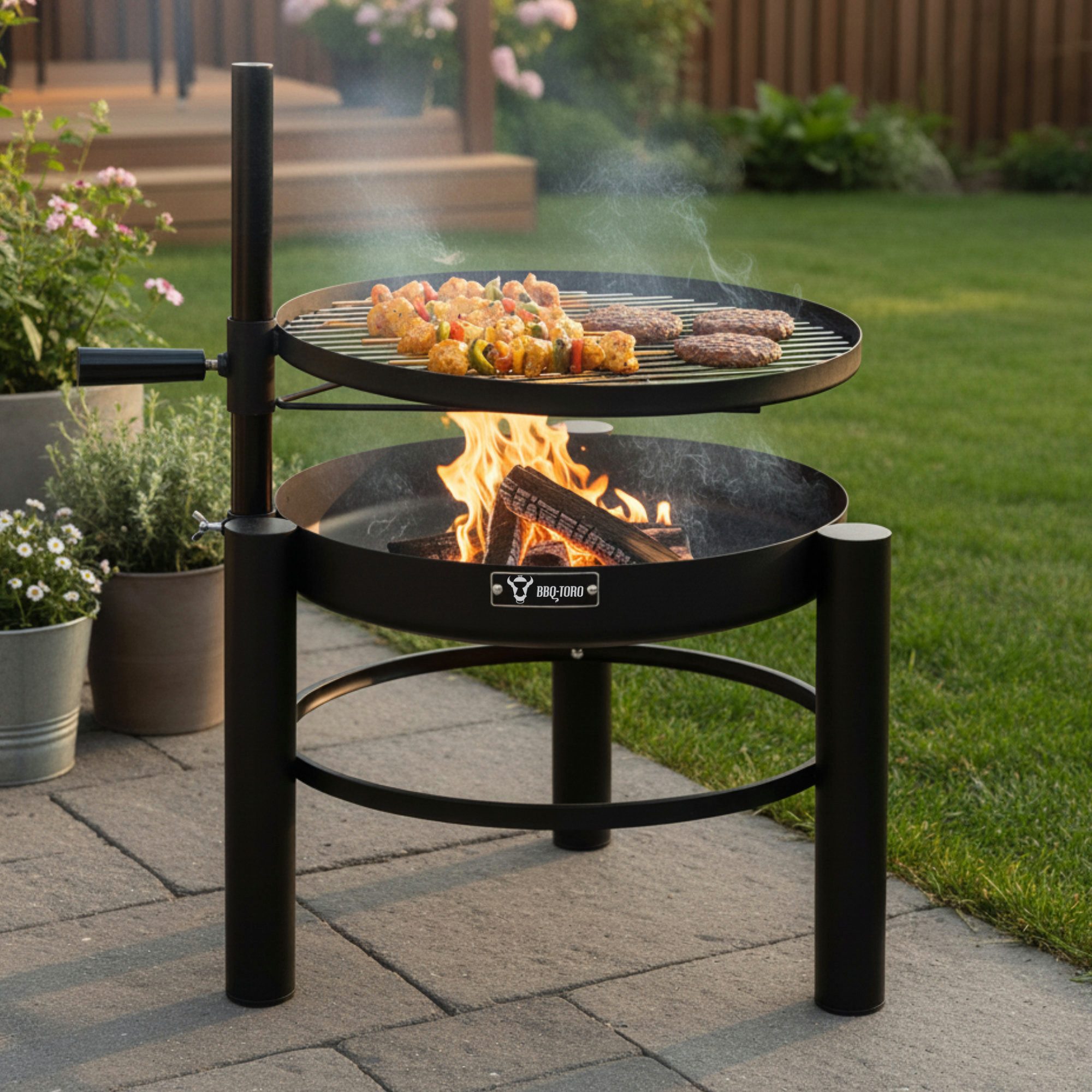 BBQ-Toro Holzkohlegrill Feuerschale mit Grillrost Ø 50 cm, Höhenverstellbarer Grillrost, Seitlich ausschwenkbares Grillrost