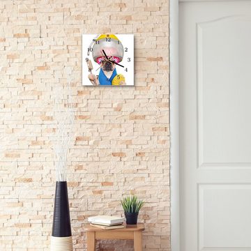 Primedeco Wanduhr Glasuhr Wanduhr Wandkunst Größe 30 x 30 cm mit Motiv Hund unter Trockenhaube