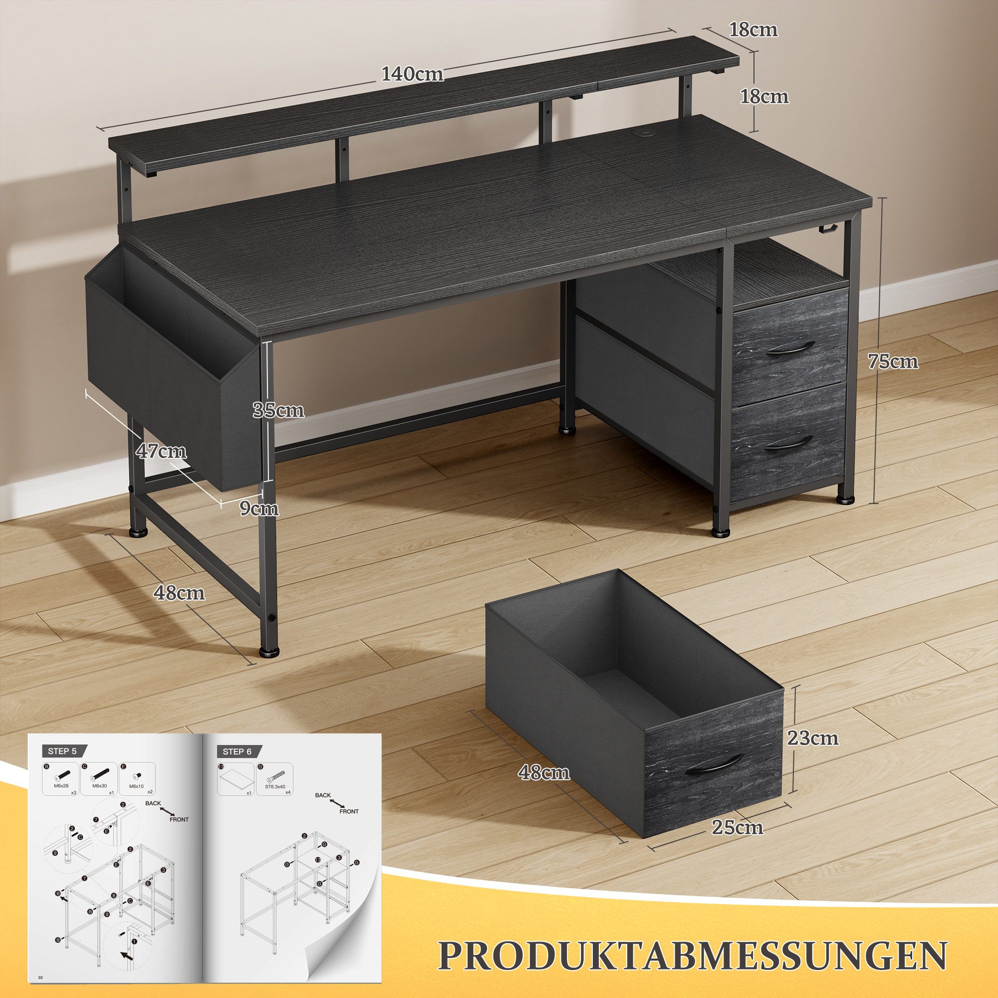 Klyvvo Eckschreibtisch Computertisch, Schreibtisch mit 2 Schubladen Bieten Stauraum (1-St., mit Monitorständer, 2 Ablagehaken), Kompakte Maße Passen Gut in Studierende, Home-Office-Arbeiter
