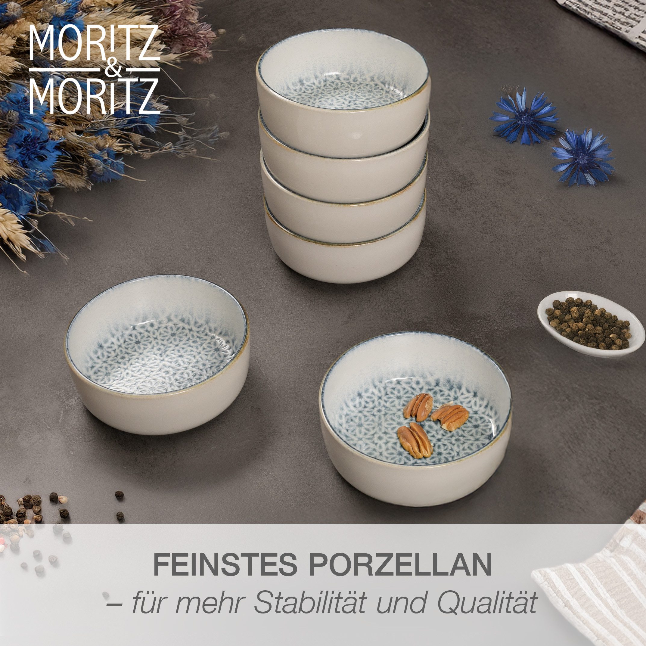Moritz & Moritz Müslischüssel ALHAMBRA Müslibowls Blau, Steinzeug, (Set, 6-tlg), Hochwertiges Steinzeug, Spülmaschinengeeignet
