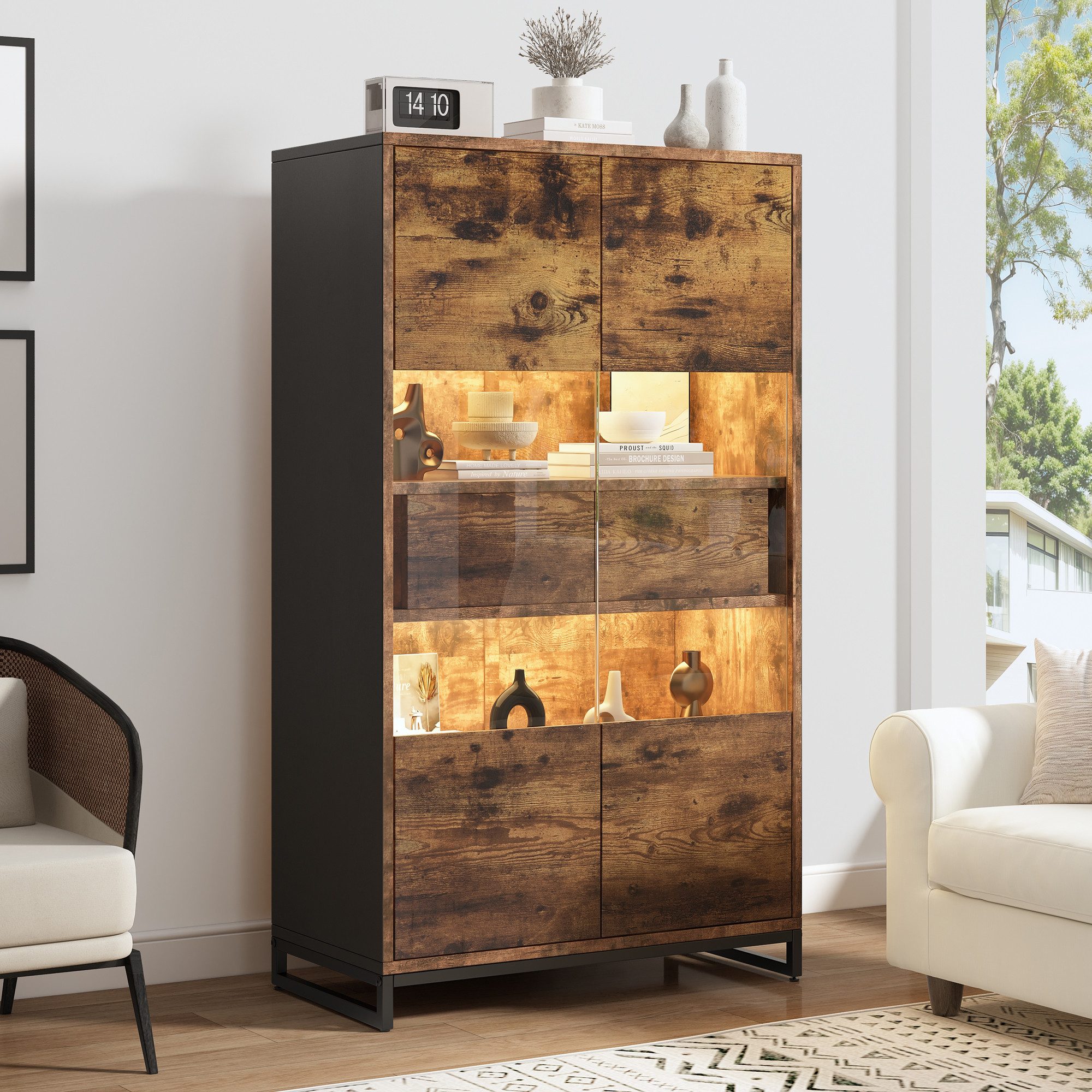 Merax Standvitrine mit LED-Beleuchtung & Acrylfront, Highboard in Schwarz & Holzoptik (1-St., Matt Vitrinenschränke Stauraumvitrine Bücherregale Weinschränke) Vitrine Hochschrank mit 5 Ebenen,2 Schubladen & Push-Türen,80x40x138cm
