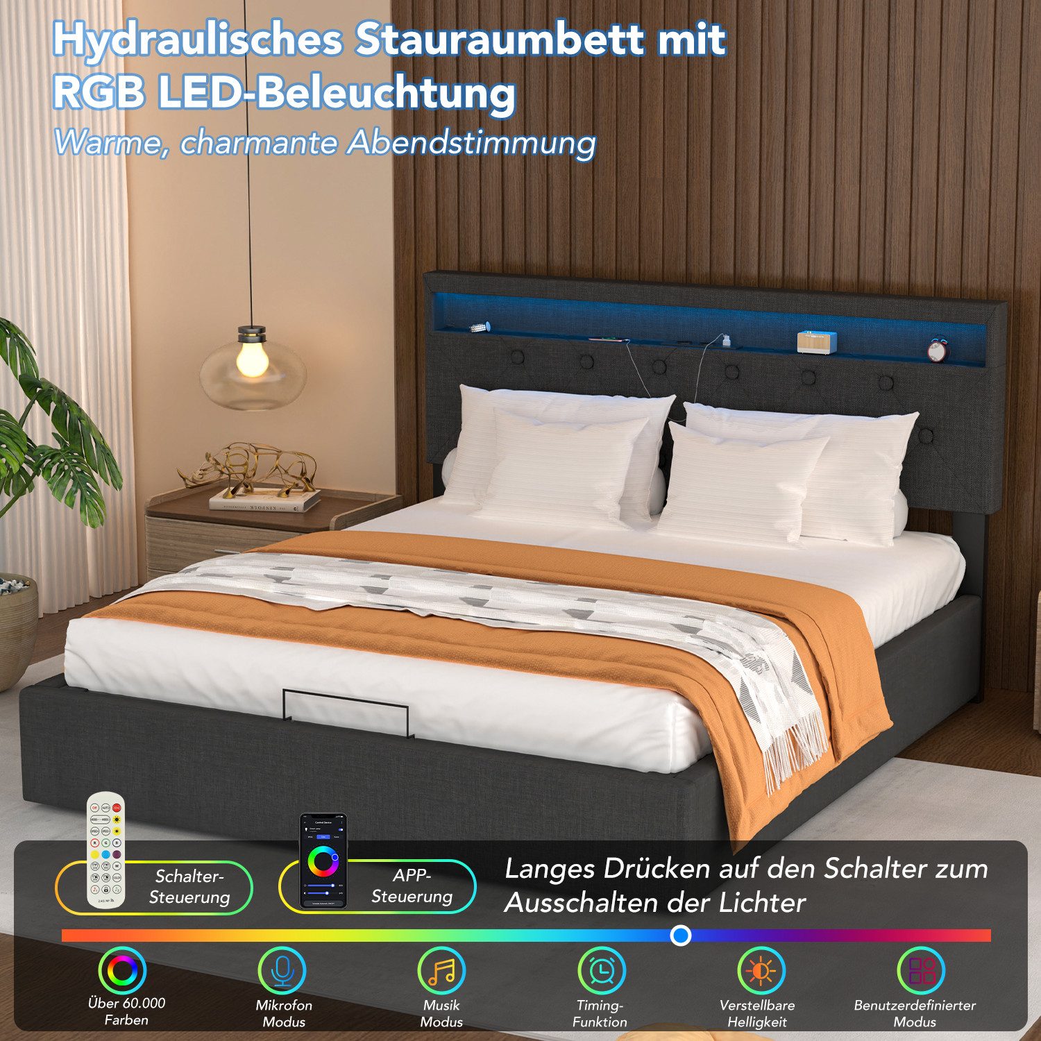 oyajia Stauraumbett LED hydraulisches Doppelbett (Leinenmaterial Polsterbett mit mit Lattenrost und Ladefunktion), Typ-C, USB-A, 2 Steckdosen,mit RGB Beleuchtung