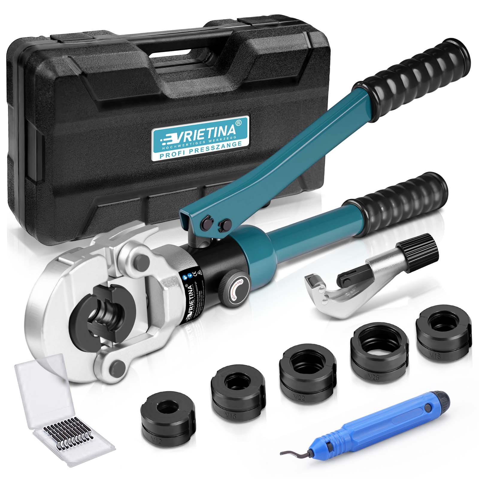 XERSEK Crimpzange Hydraulische Presszange V-Kontur Rohrpresszange Crimpzange, Presswerkzeug Handpresszange V12 V15 V18 V22 V28, Backeneinsätze mit Rohrabschneider, für Kupferrohr Und Verbundrohr