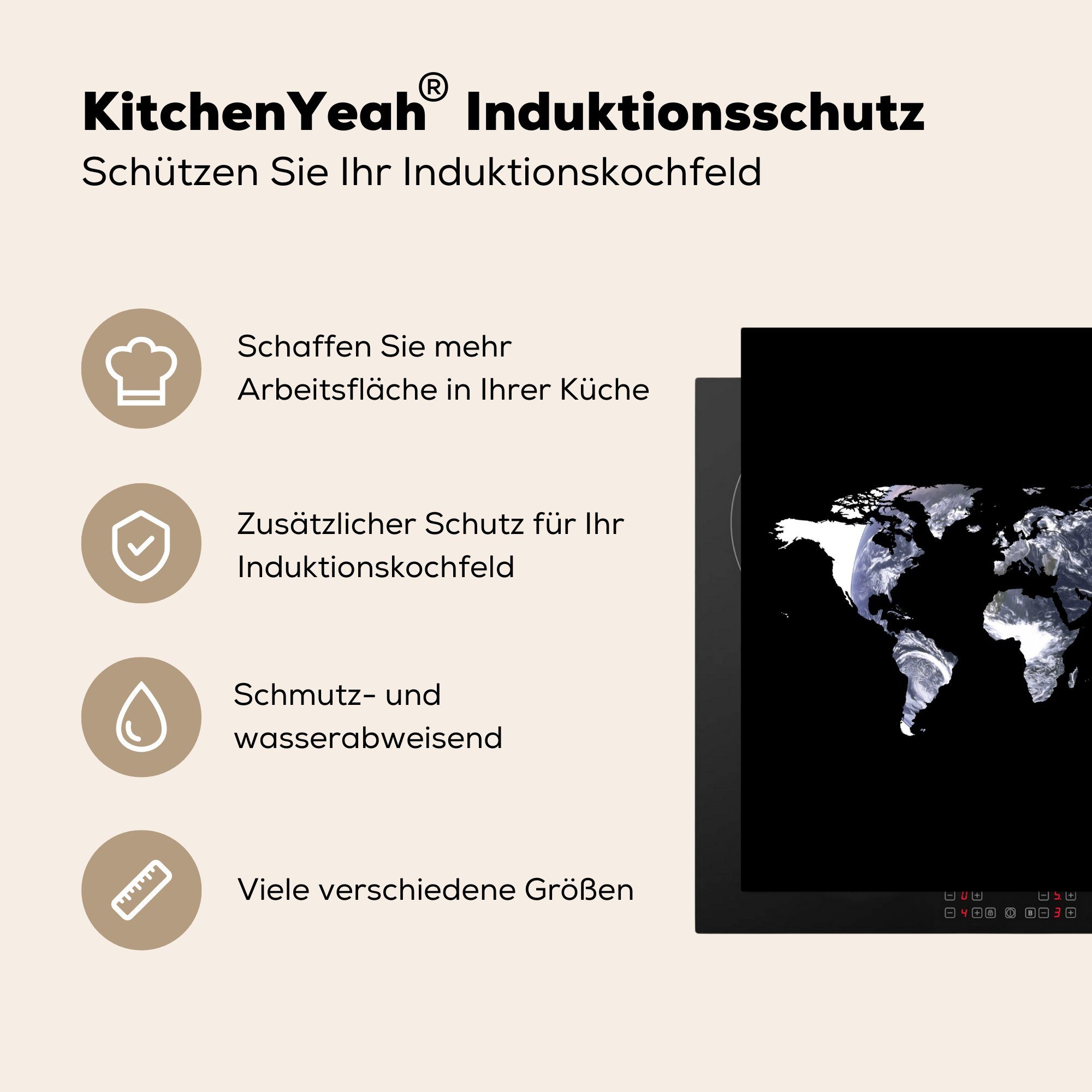 MuchoWow Herdblende-/Abdeckplatte Weltkarte Arbeitsplatte - (1 - Schwarz Globus, 78x78 für küche Ceranfeldabdeckung, Vinyl, cm, tlg)