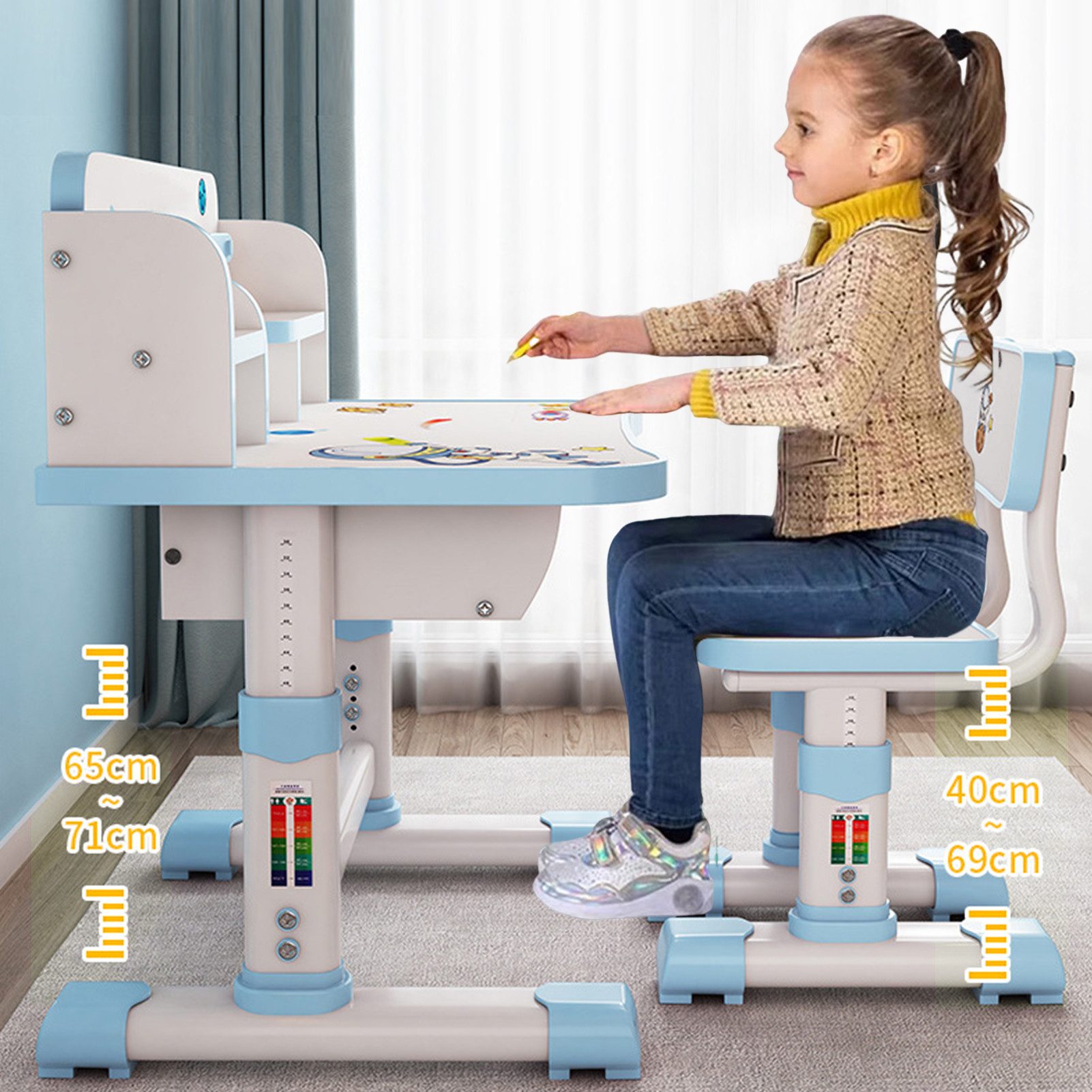Rutaqian Kinderschreibtisch Kinderschreibtisch mit Stuhl höhenverstellbar, ergonomisches Lernset, Mit Schublade, Bücherfach und verstellbarer Rückenlehne