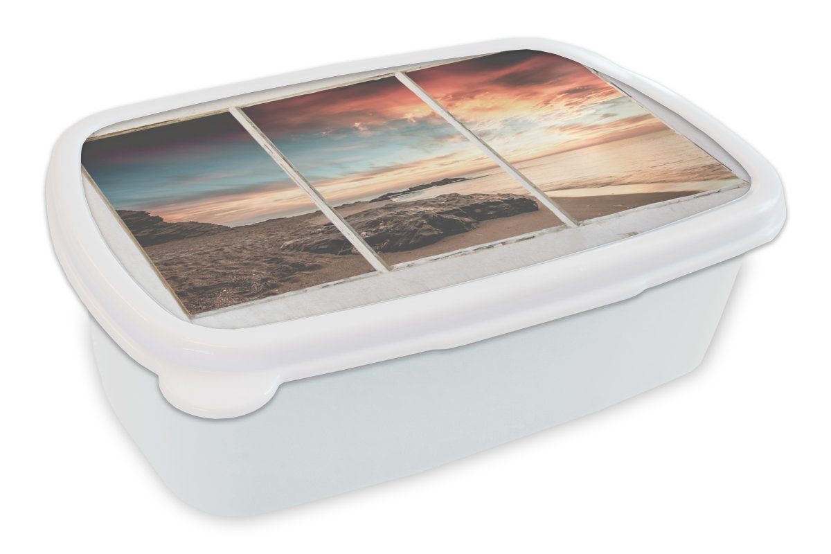 MuchoWow Lunchbox Aussicht - Strand - Meer, Kunststoff, (2-tlg), Brotbox für Kinder und Erwachsene, Brotdose, für Jungs und Mädchen weiß