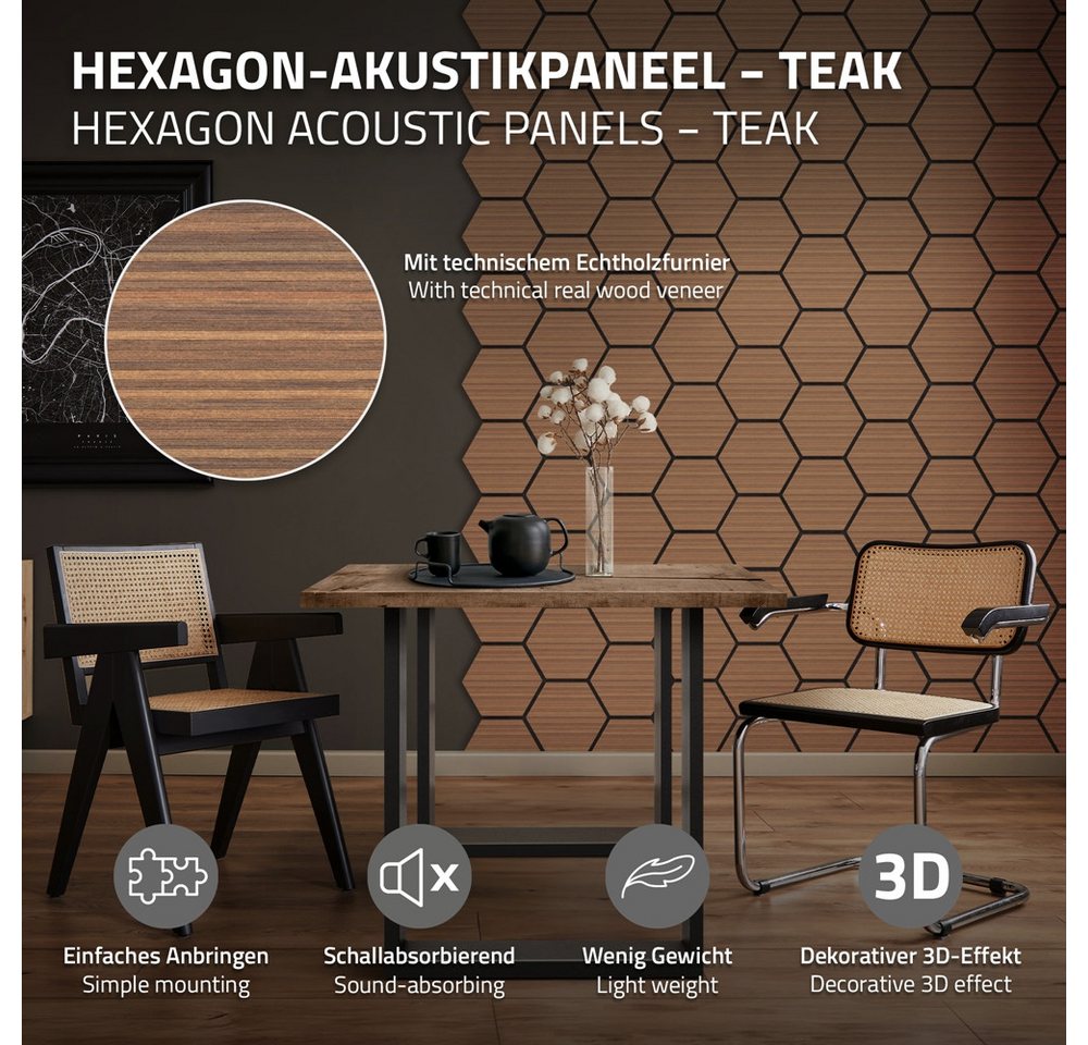 Thumbnail - ML-DESIGN Wandpaneel 2er Set Akustikpaneele für 1m², Hexagon Wandplatten zur Schalldämmung, Akustikplatten aus MDF Teak ...