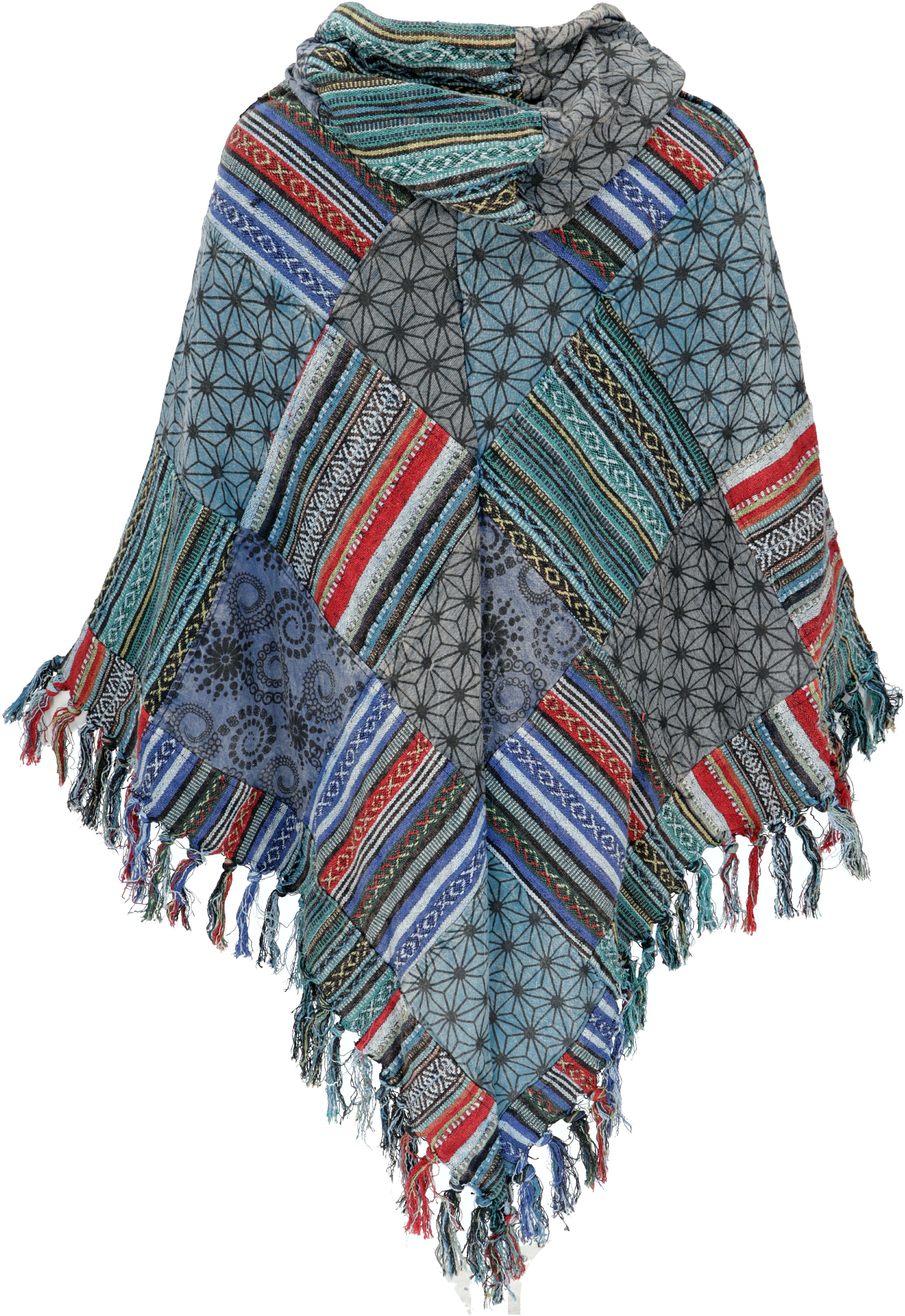 Guru-Shop Strickjacke Patchwork Poncho mit Kapuze und Fransen, Boho.. Ethno Style, alternative Bekleidung – Bild 3 von 5