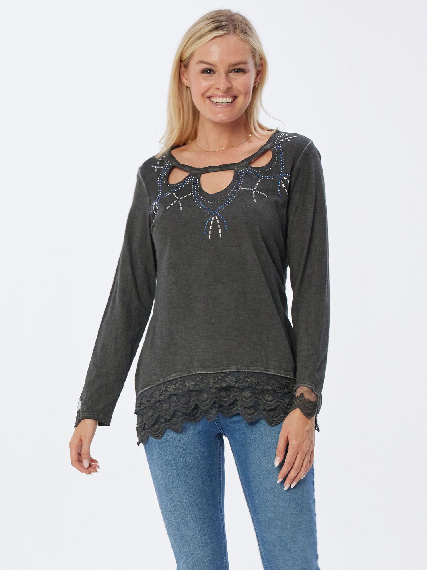 Body Needs Langarmshirt Longsleeve luftdurchlässig mit Cutouts Strassdetails und