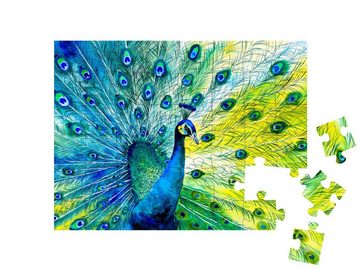 puzzleYOU Puzzle Aquarellmalerei: Pfau mit offenem Rad, 48 Puzzleteile, puzzleYOU-Kollektionen Gemälde