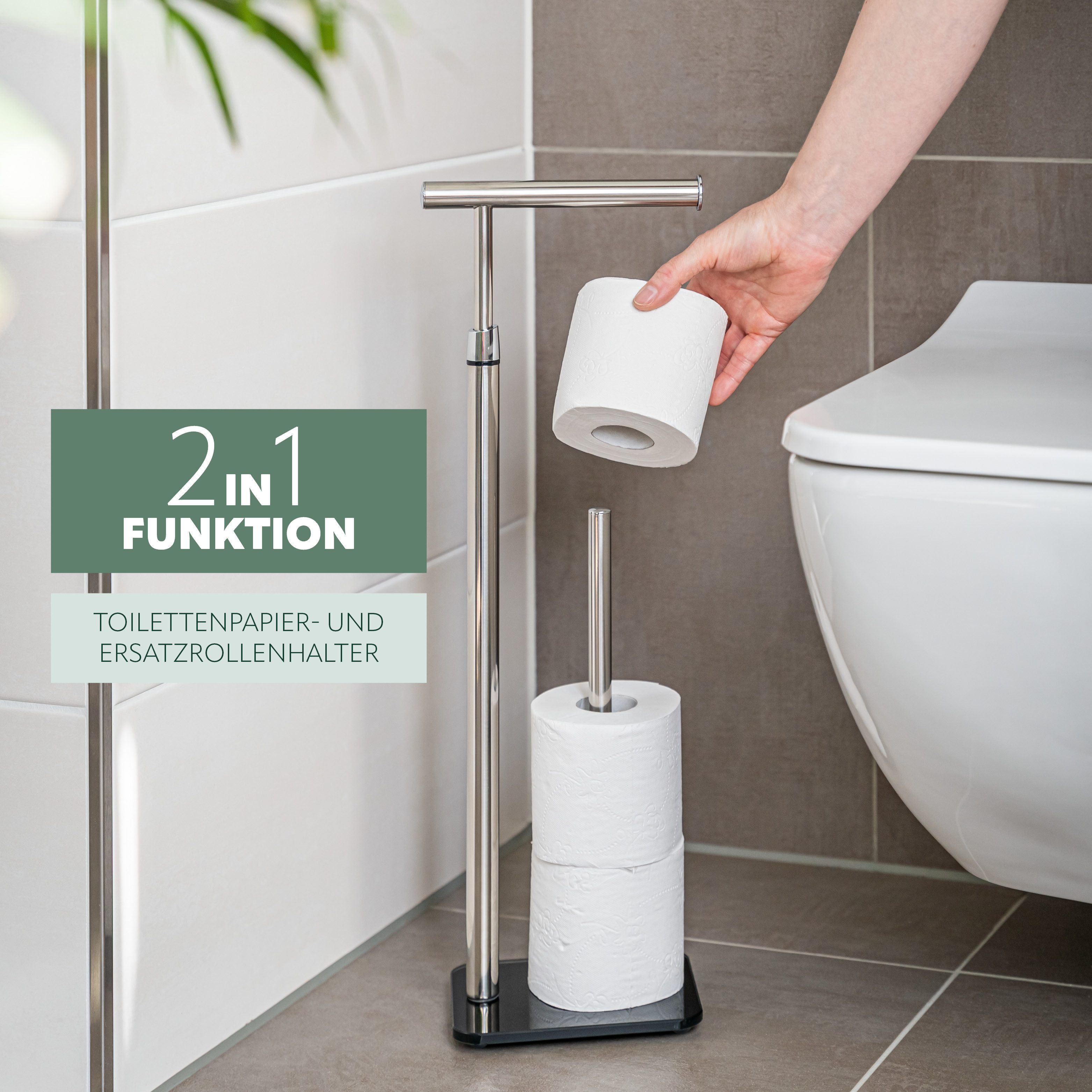 bremermann Toilettenpapierhalter Stand-WC-Rollenhalter 2in1, Ersatzrollenhalter, Edelstahl Glassockel