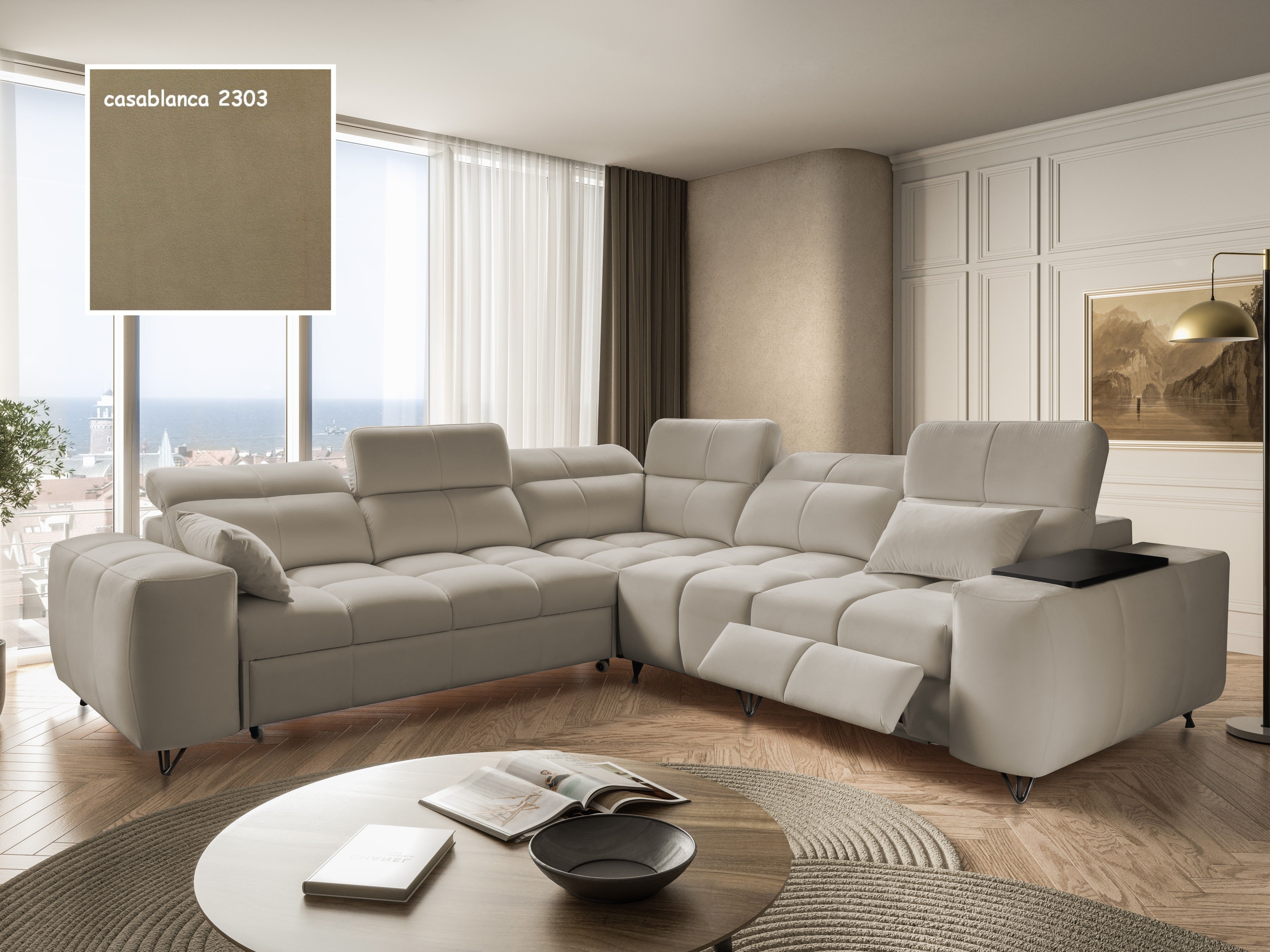Möbel für Dich Ecksofa Calisto 3 mit Relaxfunktion in symmetrischer L-Form, mit elektrisch ausfahrbarer Fußstütze, 6 Kopfstützen und Ablage