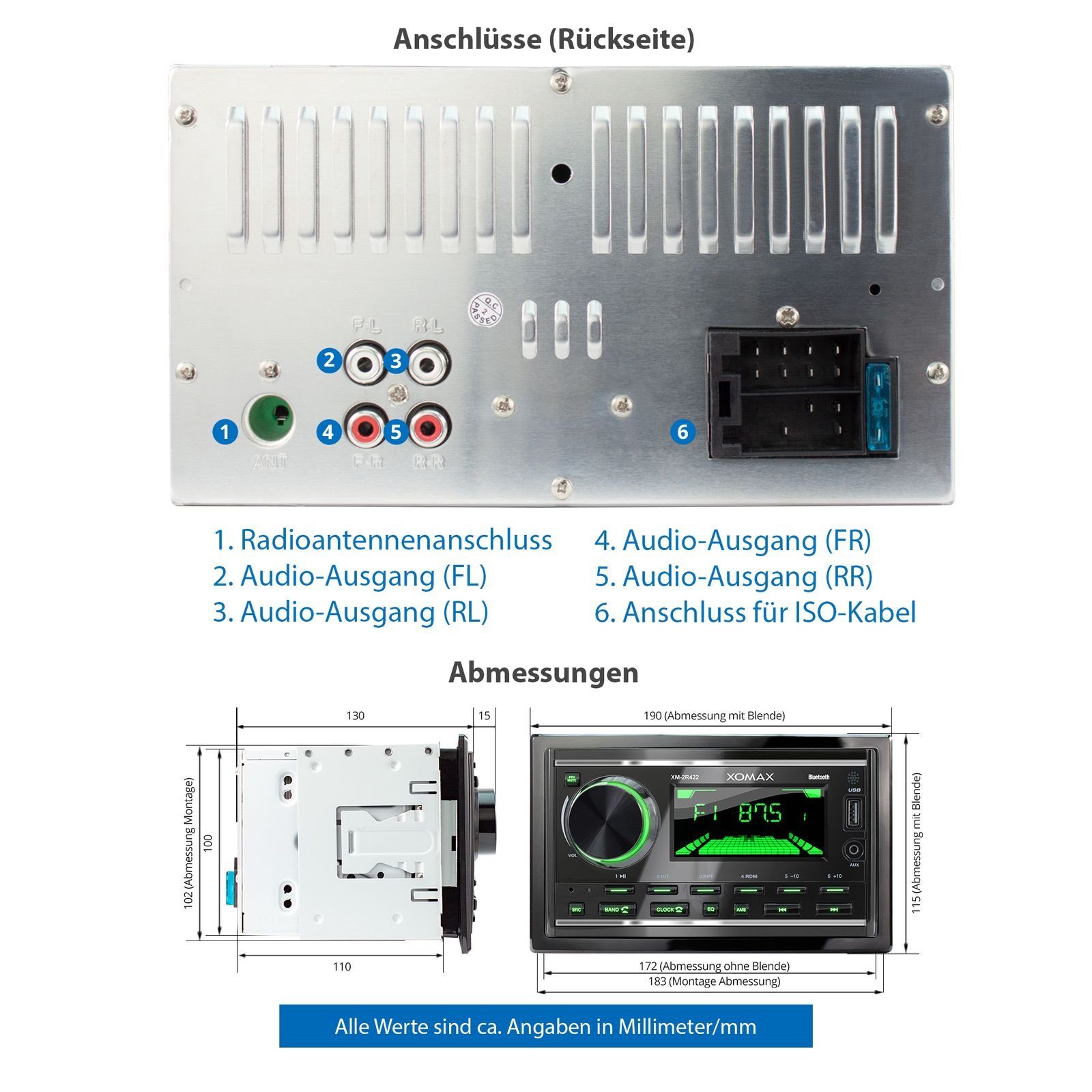 2 mit Autoradio DIN Autoradio Bluetooth AUX-IN, XOMAX Freisprecheinrichtung, USB,