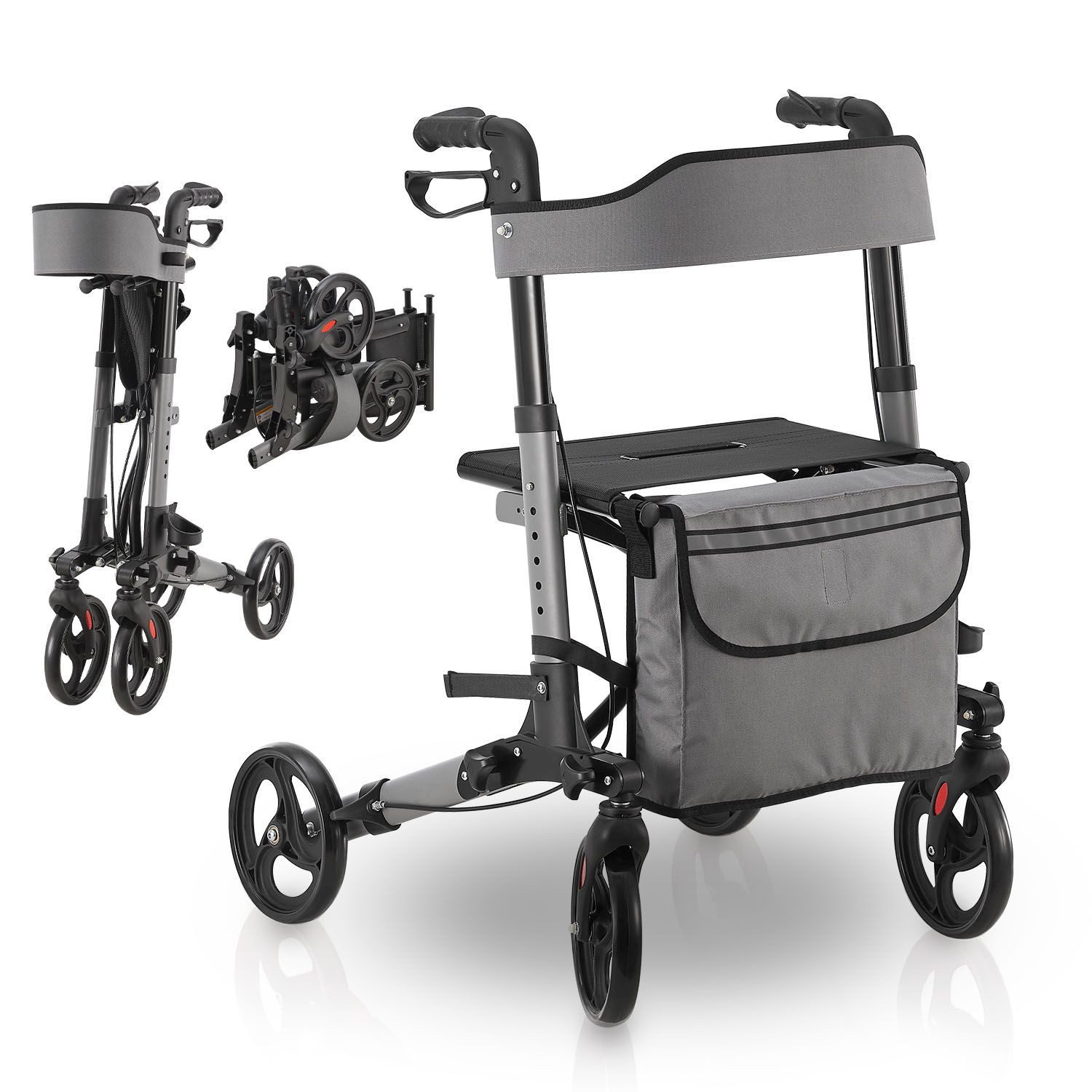 Juskys Rollator Vital, klappbar, mit Sitz, Einkaufstasche und Gehstockhalterung