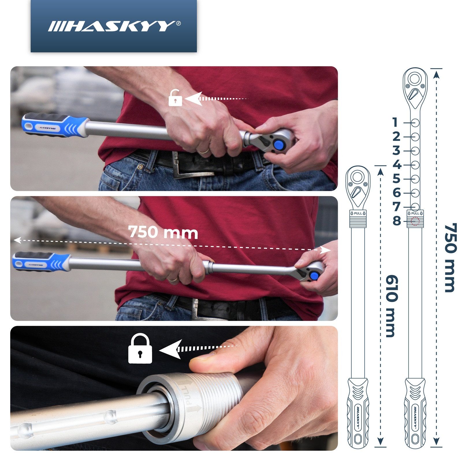 HASKYY Ratsche Teleskop Ratsche Ratschenschlüssel Knarre 1/2" Umschaltknarre 61-75cm – Bild 5 von 5