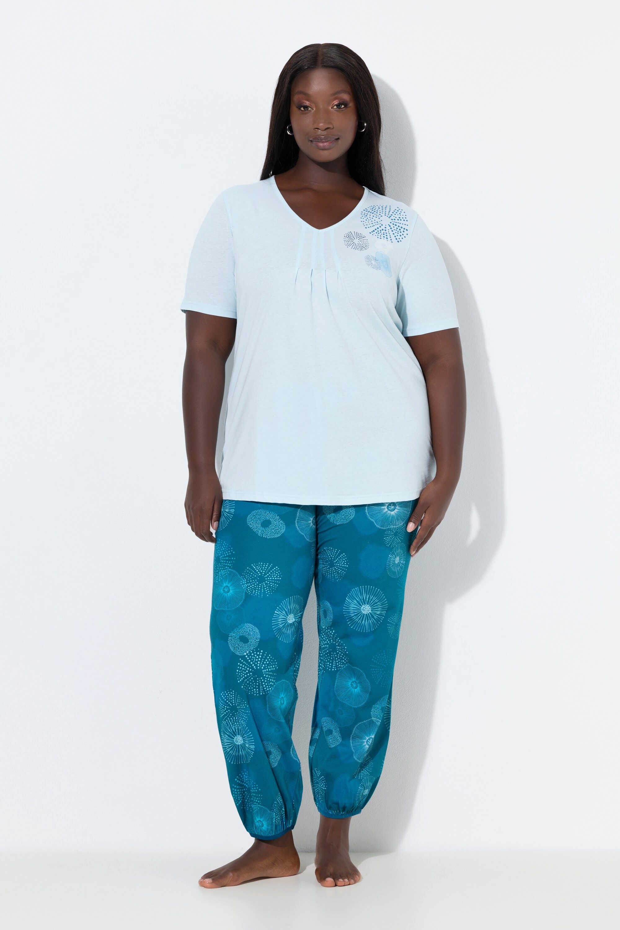 Ulla Popken Pyjama Pyjama Kreise V-Ausschnitt Halbarm Elastiksaum günstig online kaufen