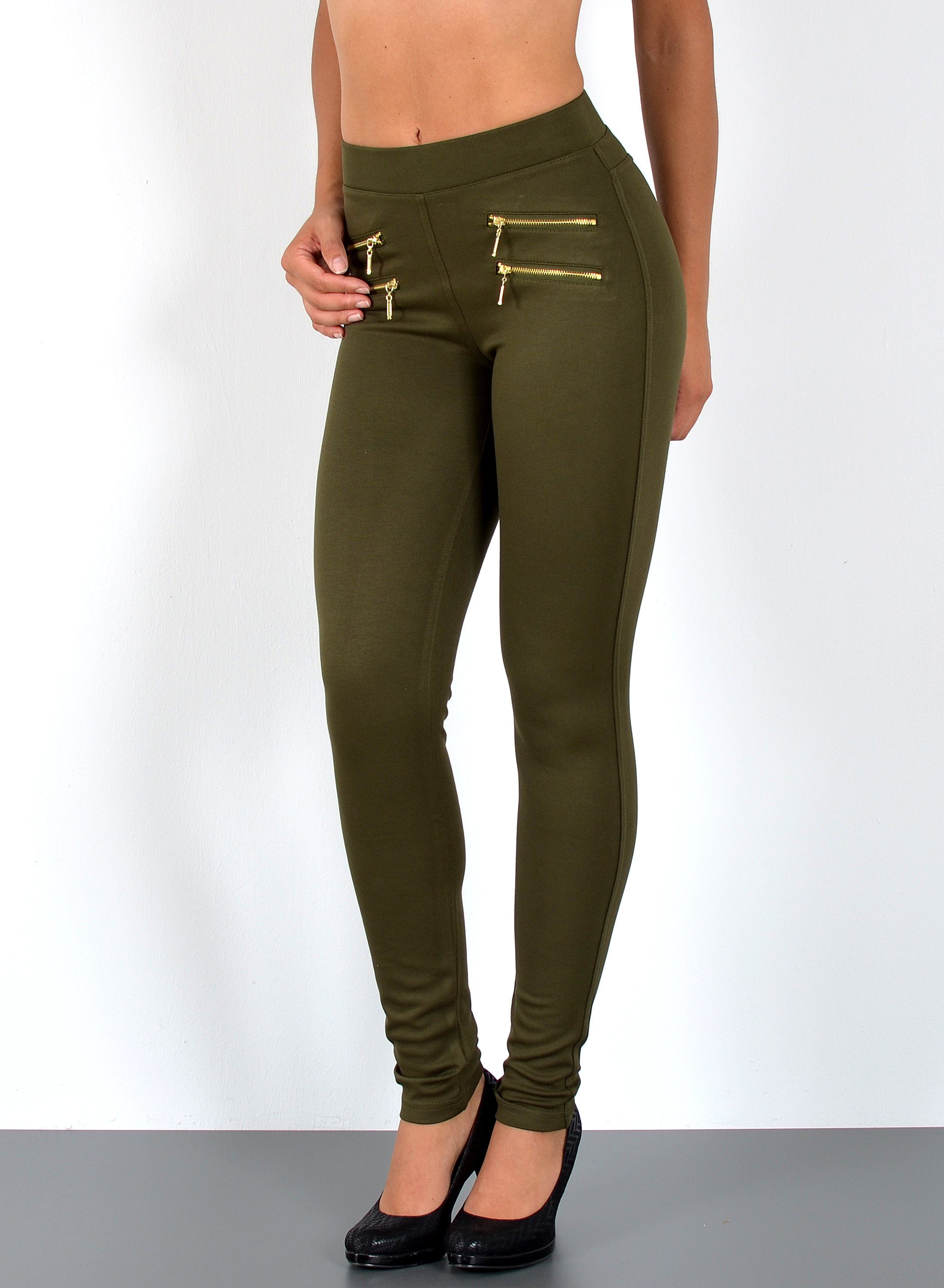 ESRA Stretch-Hose J189 Damen High Waist Skinny Hose mit elastischem Bund, bis Übergröße / Plussize, Sehr enge Damen Treggings Hose mit Gummi-Bund und Stretch Hoch-Bund, bis Große Größen, Damen Stretch-Hose hohe Leibhöhe Olivgrün