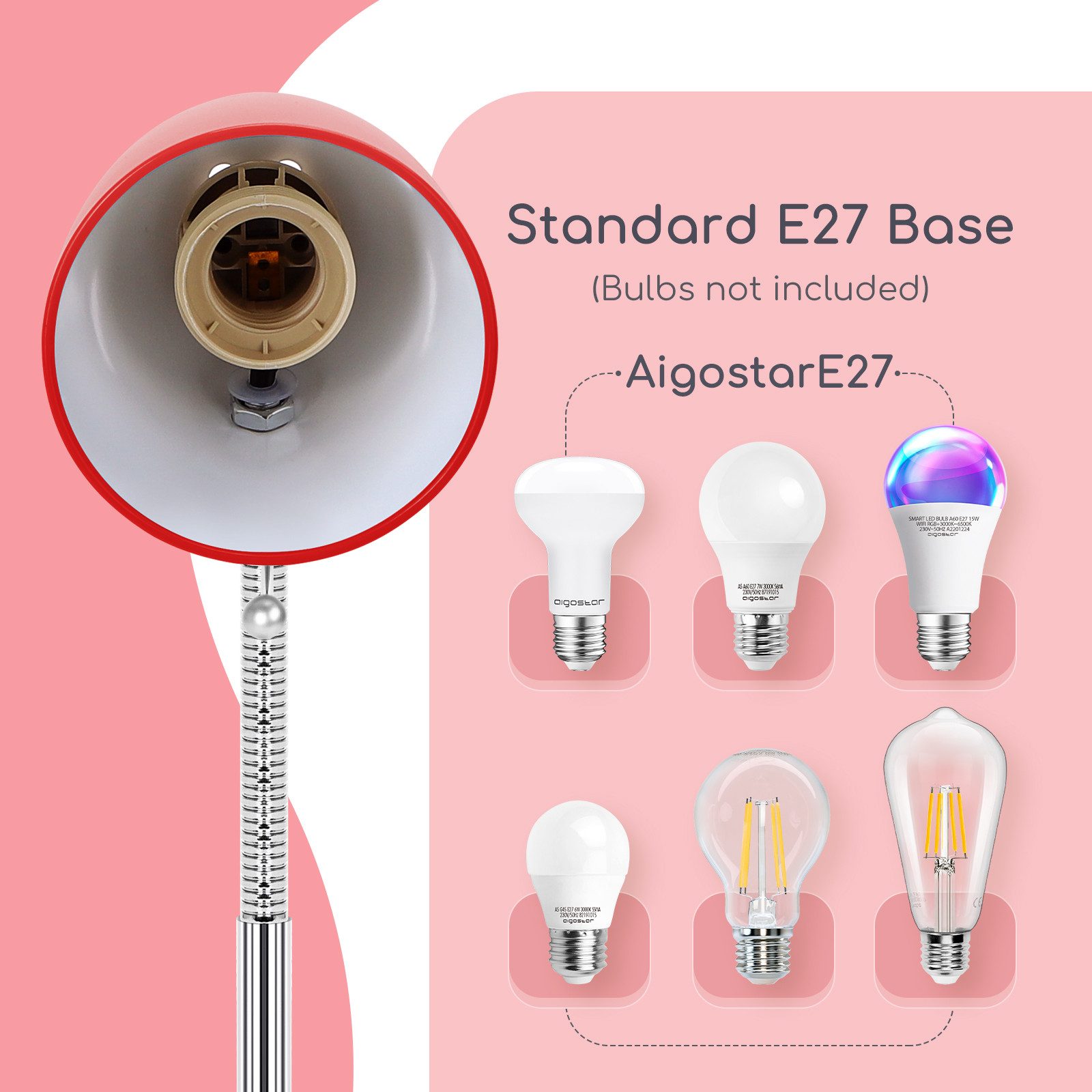 Aigostar Schreibtischlampe Aigostar Retro Kind Tischlampe, E27 (Max 11W), Flexibler Arm – Bild 4 von 5