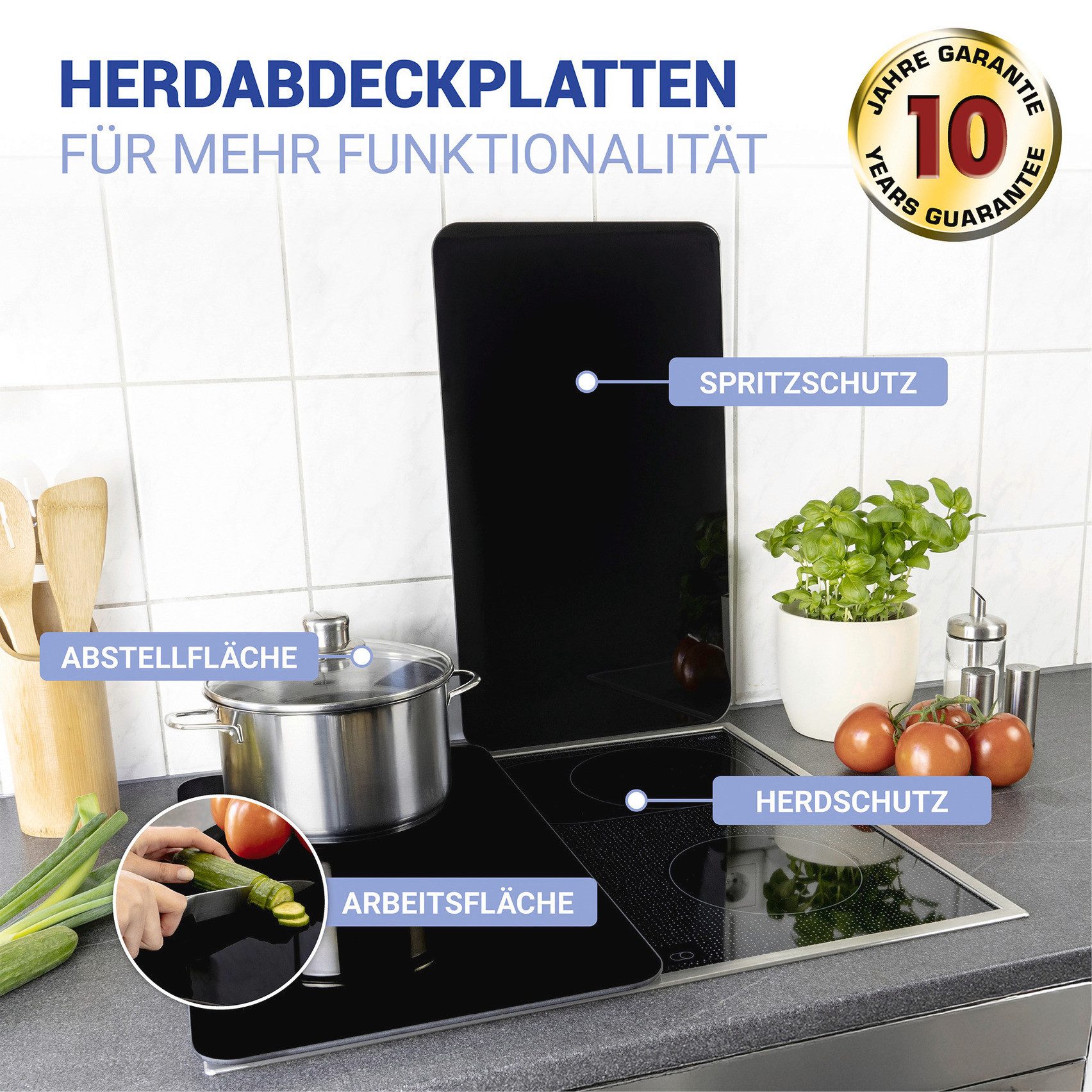 WENKO Herd-Abdeckplatte Universal Modell Schwarz, Glas, Kunststoff, (Set, 2 tlg), Herdabdeckung für alle Herdarten, kratzfest, mit rutschfesten Füßen