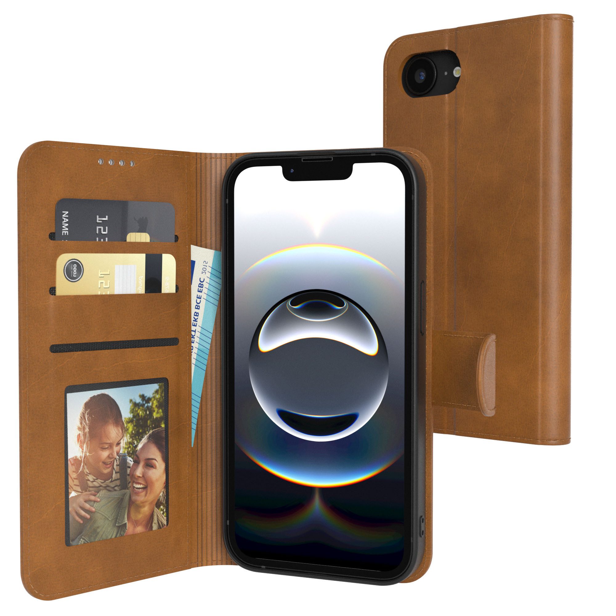 EAZY CASE Handyhülle Business Handytasche Kartenfächer für iPhone 16e 6,1 Zoll, Flipcase mit Sichtfenster für Foto Klapp Hülle Kartenetui Hellbraun
