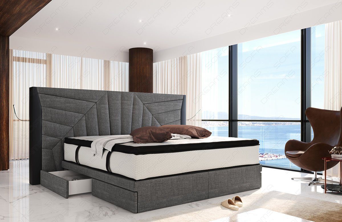 Sofa Dreams Boxspringbett Monaco Stoffbezug Strukturstoff, mit Topper, mit Schubladen, mit LED-Beleuchtung, mit USB-Anschlüssen