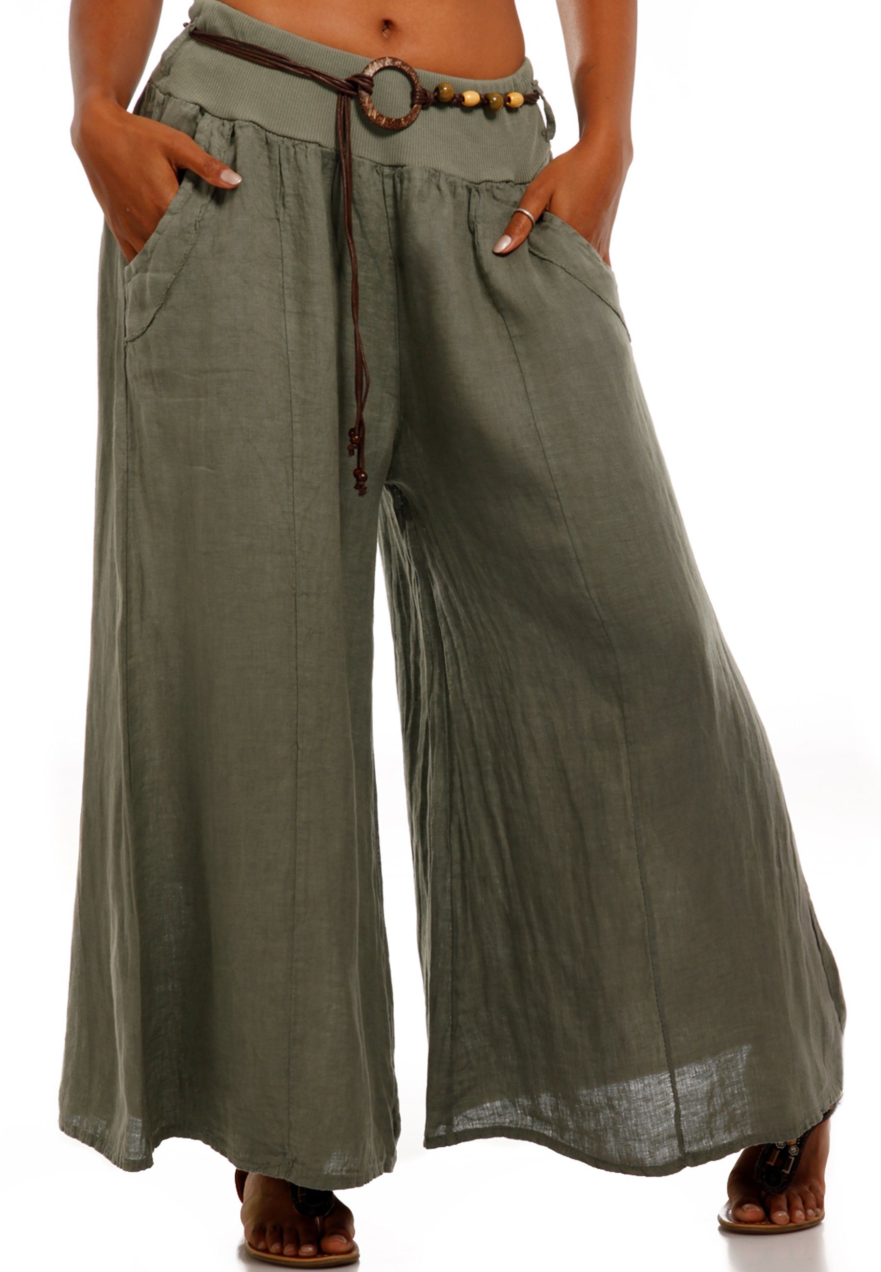 YC Fashion & Style Leinenhose Leinenhose Hosenrock mit weitem Bein (1-tlg) casual, mit elastischem Bund khaki