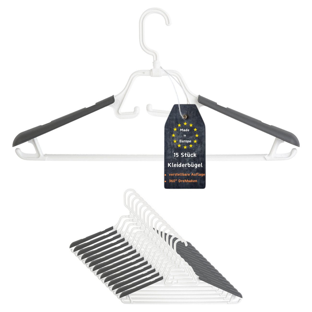 Engelland Kleiderbügel mit drehbarem/einklappbarem Haken sowie ausziehbarer Schulterauflage, (Vorteils-Set, 15-tlg), rutschfest, stabil, Kunststoff, für Mäntel, Hosen, Blusen, Anzüge uvm.