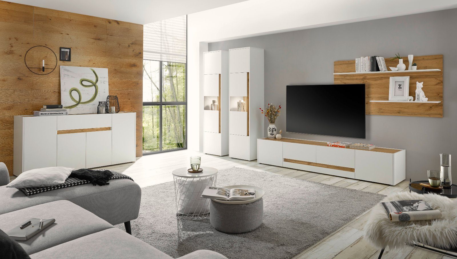 Wotan Furn.Design weiß Eiche, mit Breite cm), in großem (TV mit 320 - 230 Center, Wohnwand TV-Lowboard Wohnkombination