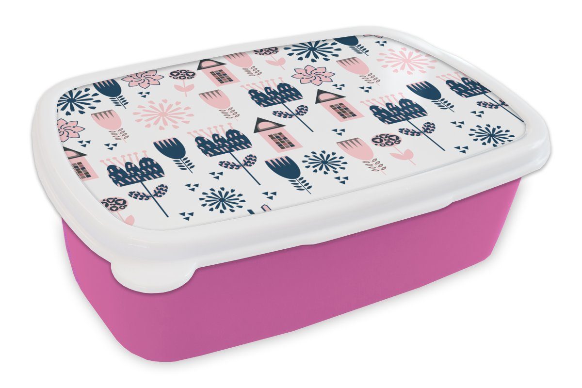 MuchoWow Lunchbox Muster - Pastell - Skandinavien, Kunststoff, (2-tlg), Brotbox für Erwachsene, Brotdose Kinder, Snackbox, Mädchen, Kunststoff rosa