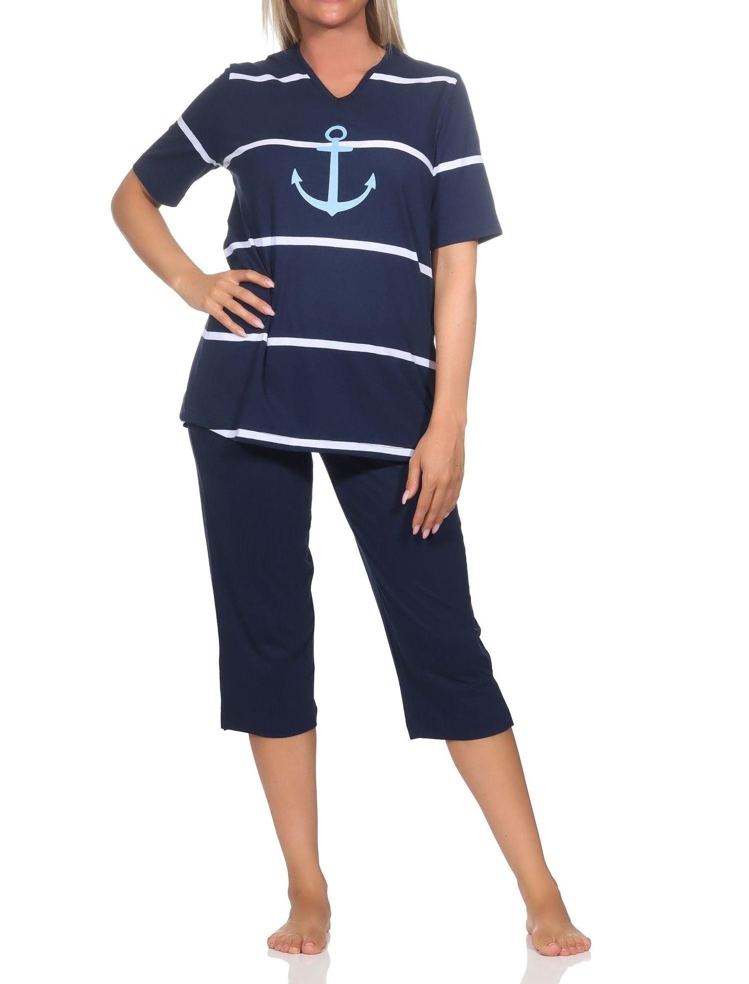 Normann Pyjama Maritimer Damen kurzarm Capri Schlafanzug mit Anker Motiv
