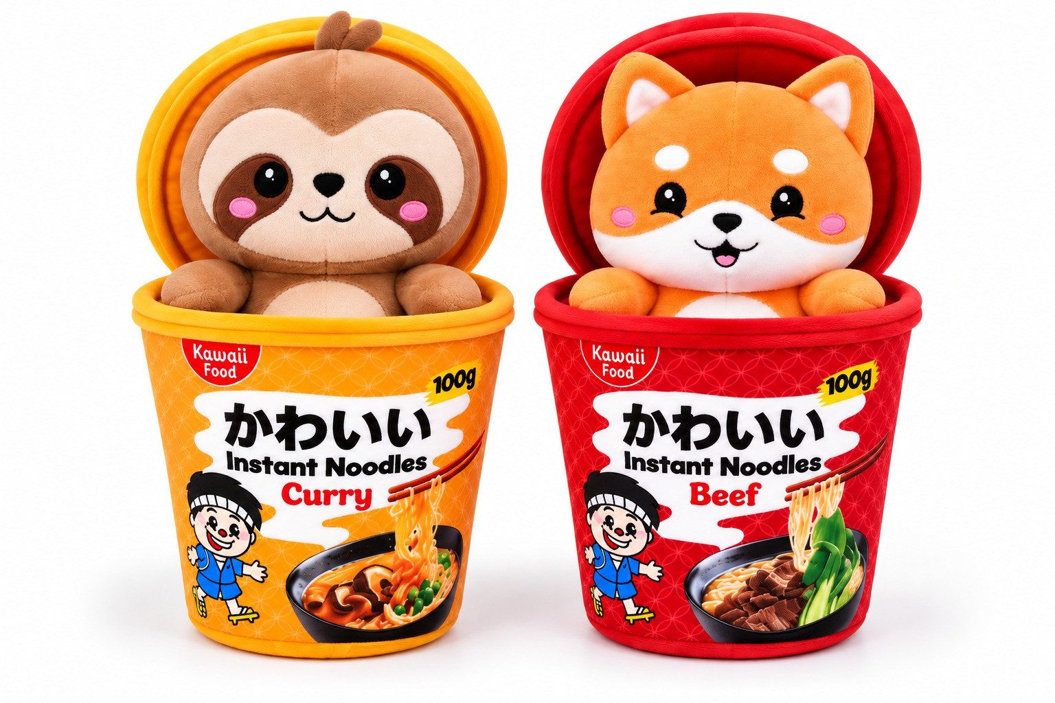 Kawaii Kuscheltier Kawaii Nudelbecher Plüsch 2er Set Faultier & Fuchs 17 cm (Set, 1-St., Geschenk-Set), Kawaii Plüsch-Nudelbecher mit Tierfigur im praktischen 2er Set