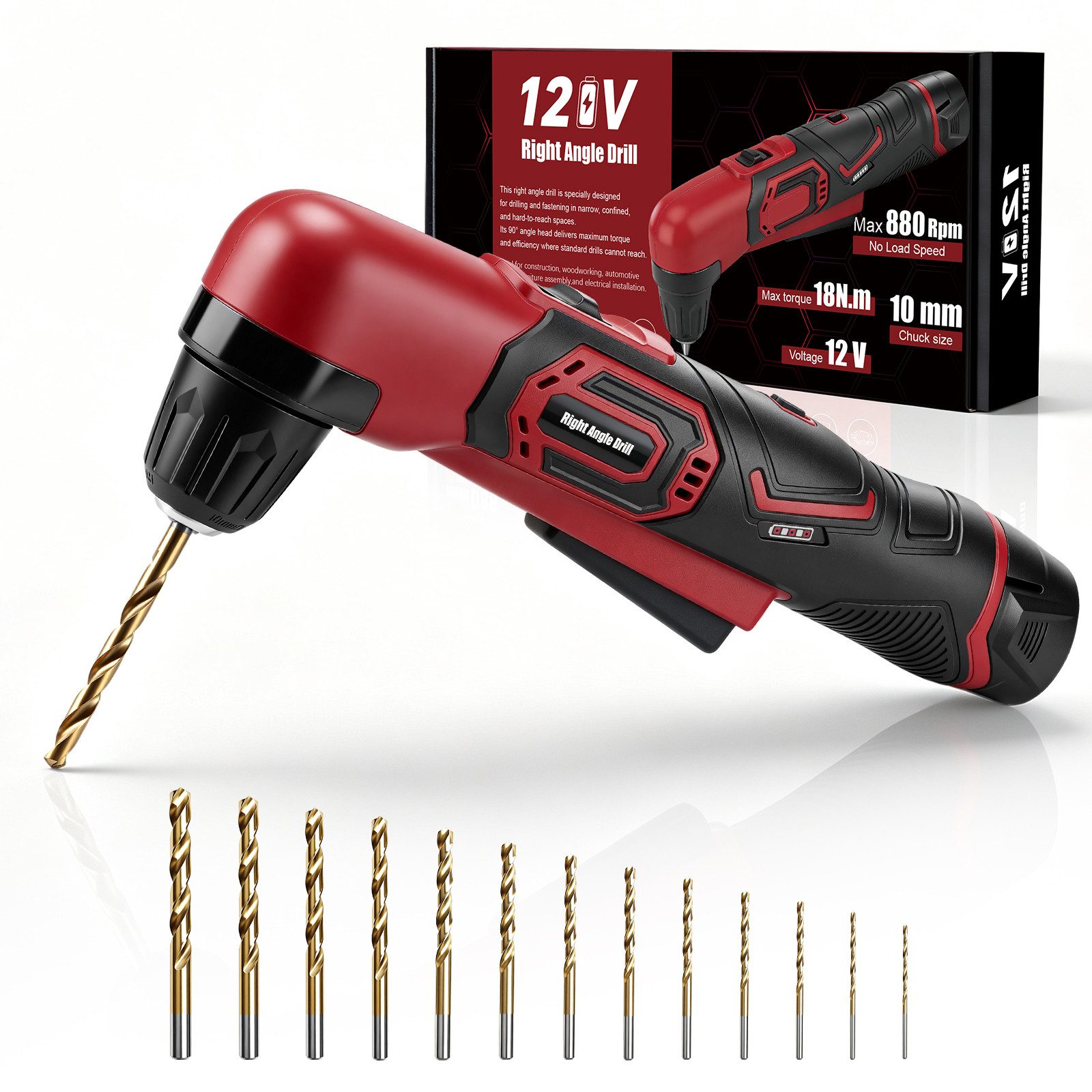 XIIW Akku-Winkelbohrmaschine 90° Winkelkopf Winkelbohrer 12V, 18N·m, 10mm Spannfutter inkl. 13 Bits, (Set, 14-tlg., 2-Gang-Getriebe, 0-880RPM, LED-Licht), für Ecken und Beengte Reparaturbereiche
