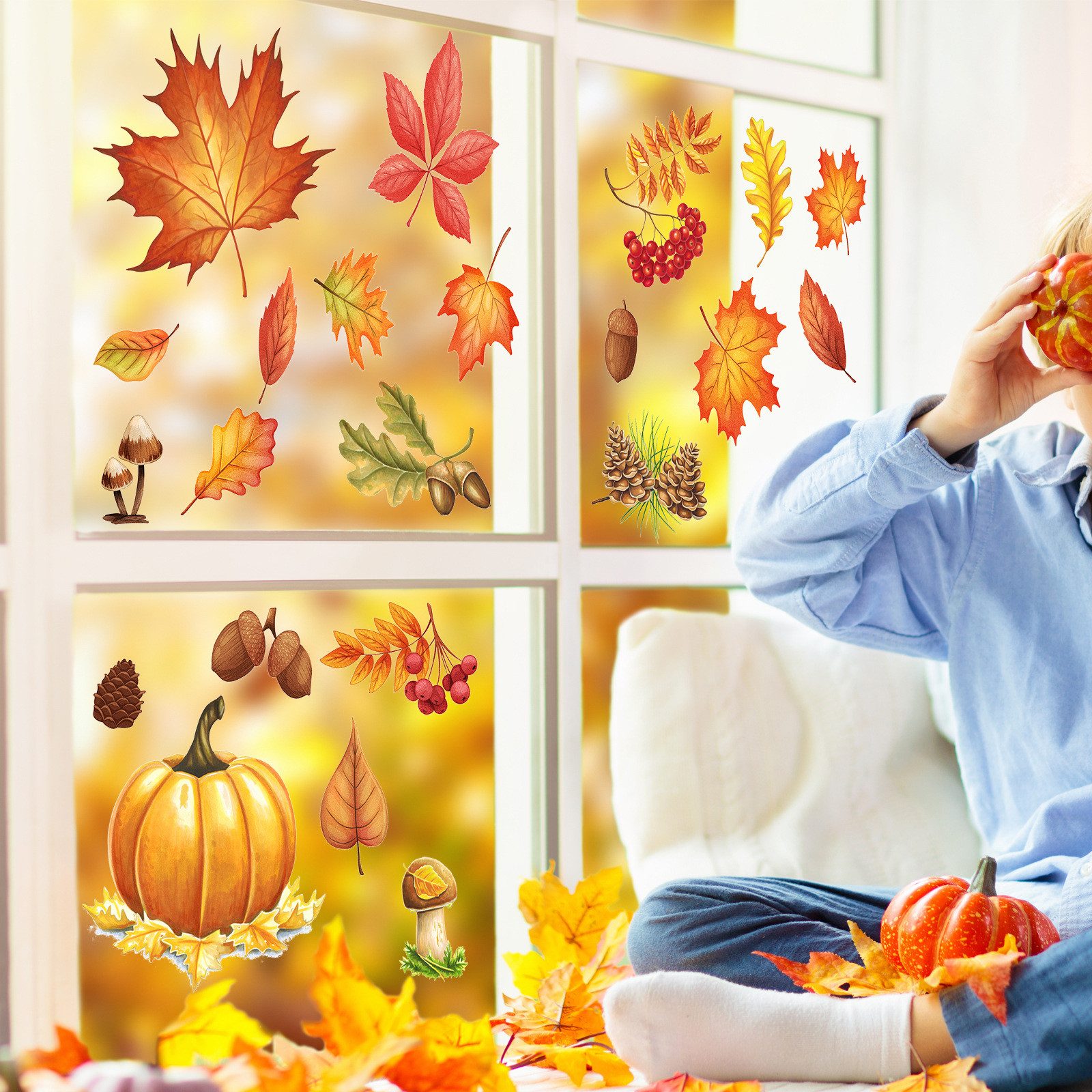 Bomiclss Fensterfolie Fensterbilder Herbst, Herbstdeko,Erntedankfest Fensterbilder, Selbstklebend Herbst Deko Aufklebe, für Fenster Kinderzimmer Cafés Halloween – Bild 3 von 5